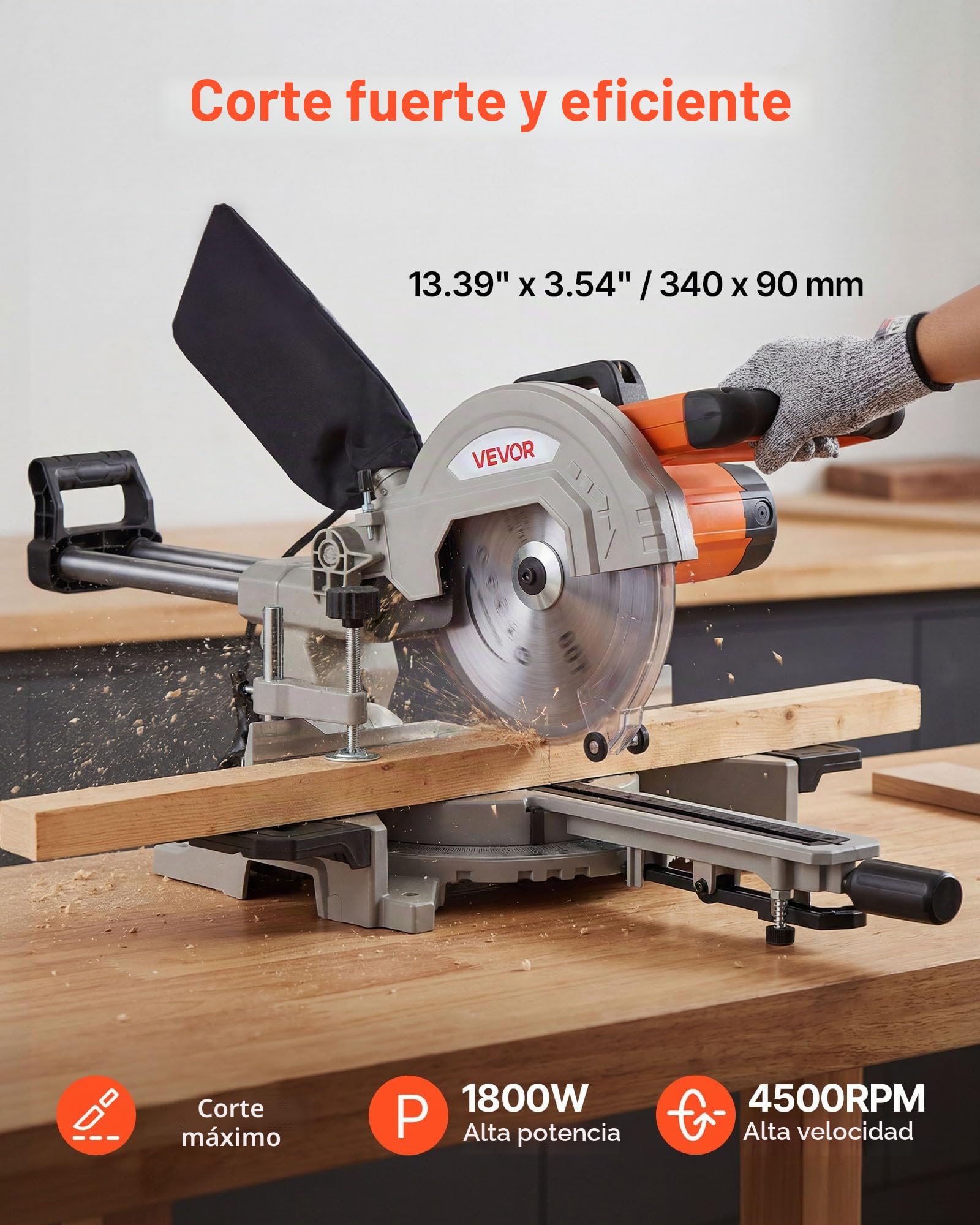 VEVOR Sierra Ingletadora Deslizante Compuesta 1800 W, Hoja de 254 mm, Ángulo y Profundidad de Corte Ajustables, Aluminio Fundido, Compacta y Pórtatil, Corte Multimaterial para Madera Metales Laminados