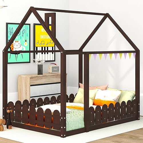 Miniatura 3 de Montessori - Base de cama de tamaño matrimonialcasa, cama de piso para niños, cama de piso Montessori con valla, puerta y chimenea, color espresso