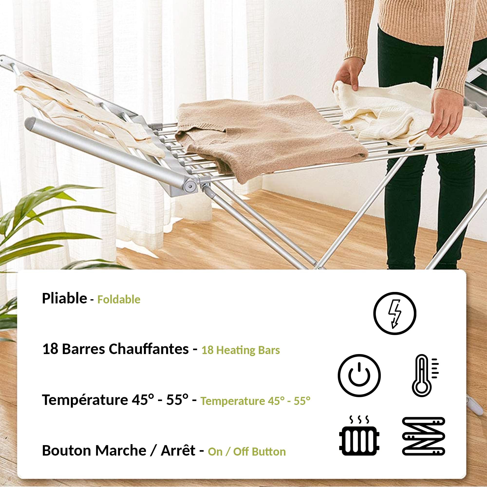 Fishtec Stendibiancheria Elettrico Pieghevole - 18 Barre Riscaldanti e 11,3 m di Superficie - Ideale per Asciugatura Rapida e Sicura in Casa Bagno o Lavanderia in Alluminio Argento 145x54x94 cm