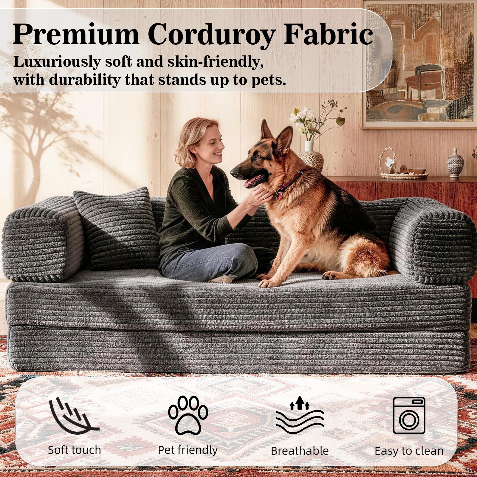 AUGOP Futon Sofa Bed Boneless Couch for Living Room,Pull Out Couch with Sleeper Sofa,Day Bed Couch with Storage Pocket,Removable Corduroy with 2 Pillow