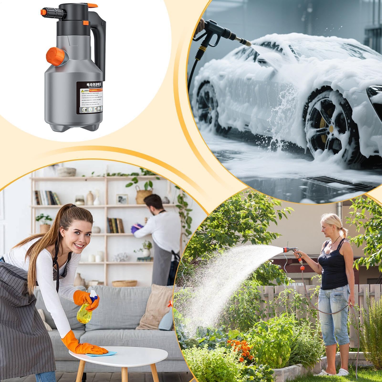 Pompa spruzzatore per schiuma da 2 l, a batteria con manico lungo per lavaggio auto | Spruzzatore elettrico per auto, per casa, interni ed esterni, giardino, cortile, pulizia auto e lavanderia
