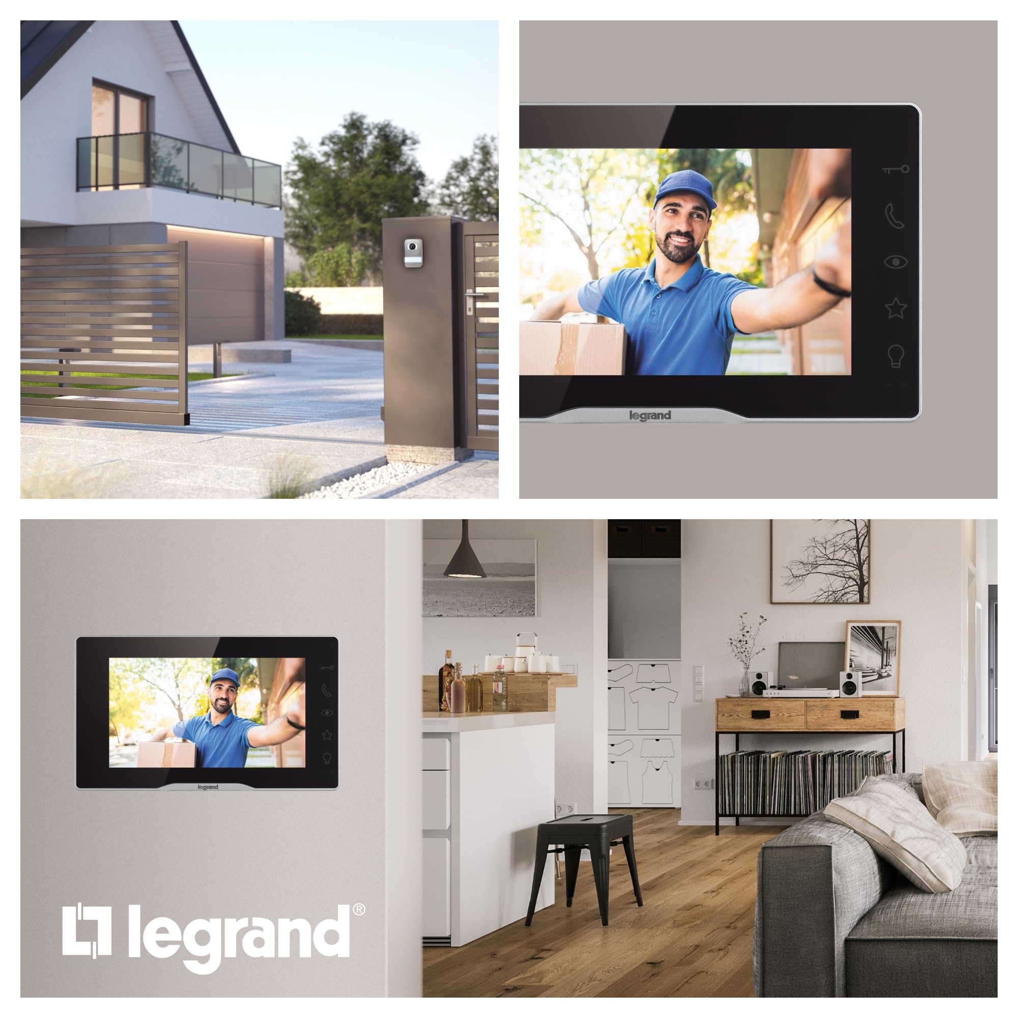 LEGRAND, EASYKIT Plus Video-Türsprechanlagen-Set mit 2-Draht-Anschluss, 7"-Farbmonitor-verspiegelt & Weitwinkelkamera, 1-/2-Familienhaus-Set, erweiterbar, Steckernetzgerät, IP54-IK07, Schwarz, 368910
