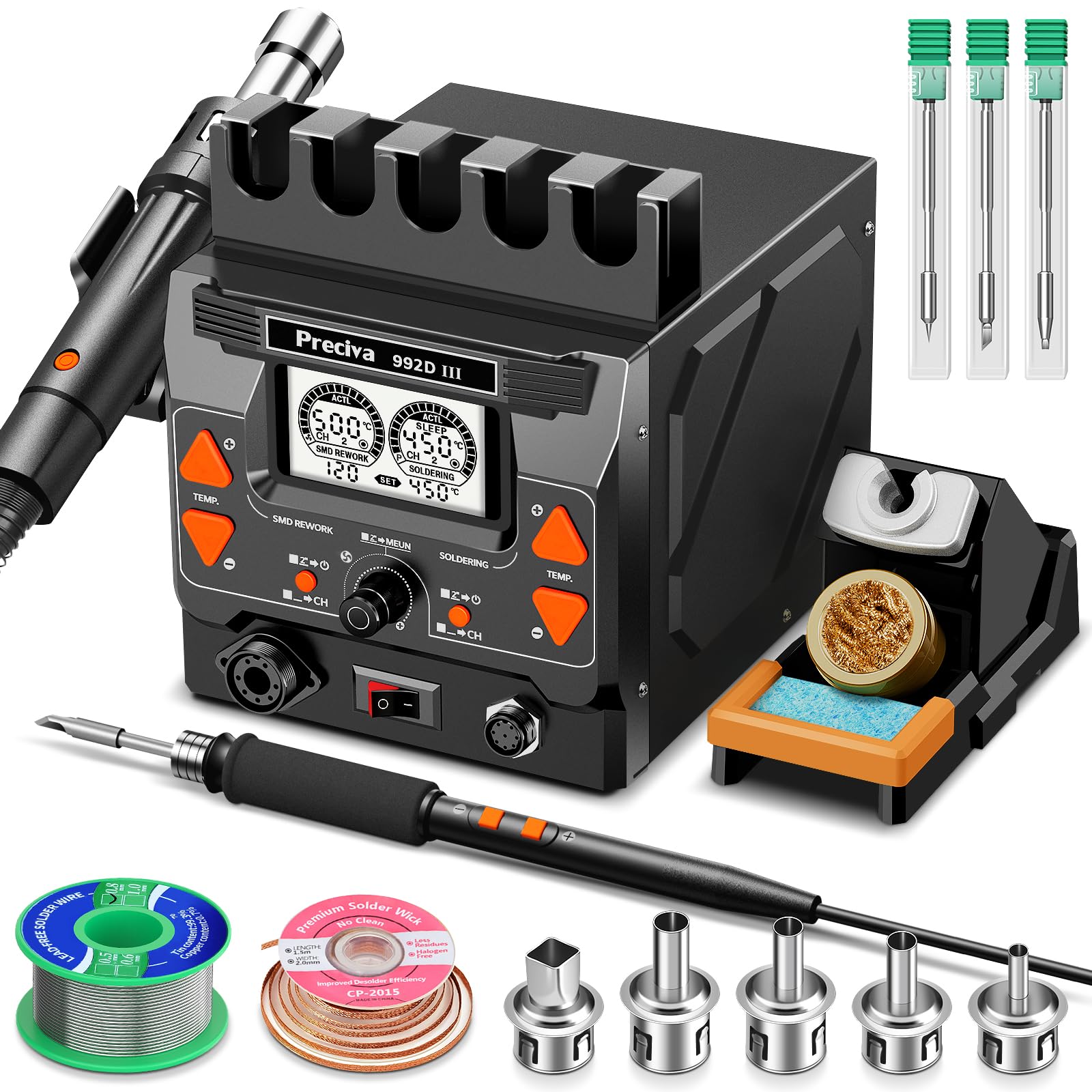 Lötstation, Preciva 992D III Heißluftlötstation Entlötstation professionelle 1220W Repairing-Station Heißluft Station für SMD Löten Lötkolben 90-450℃ Heißluft 100-500℃