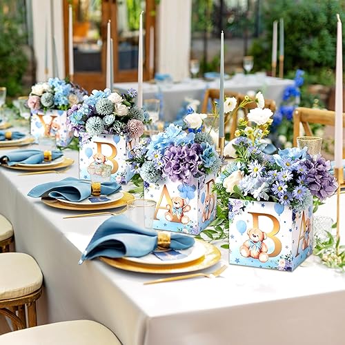 Miniatura 6 de Tanlade 6 cajas de flores de oso azul para baby shower, centros de mesa, decoraciones florales para bebés con letras caja de ducha bloque para mesas