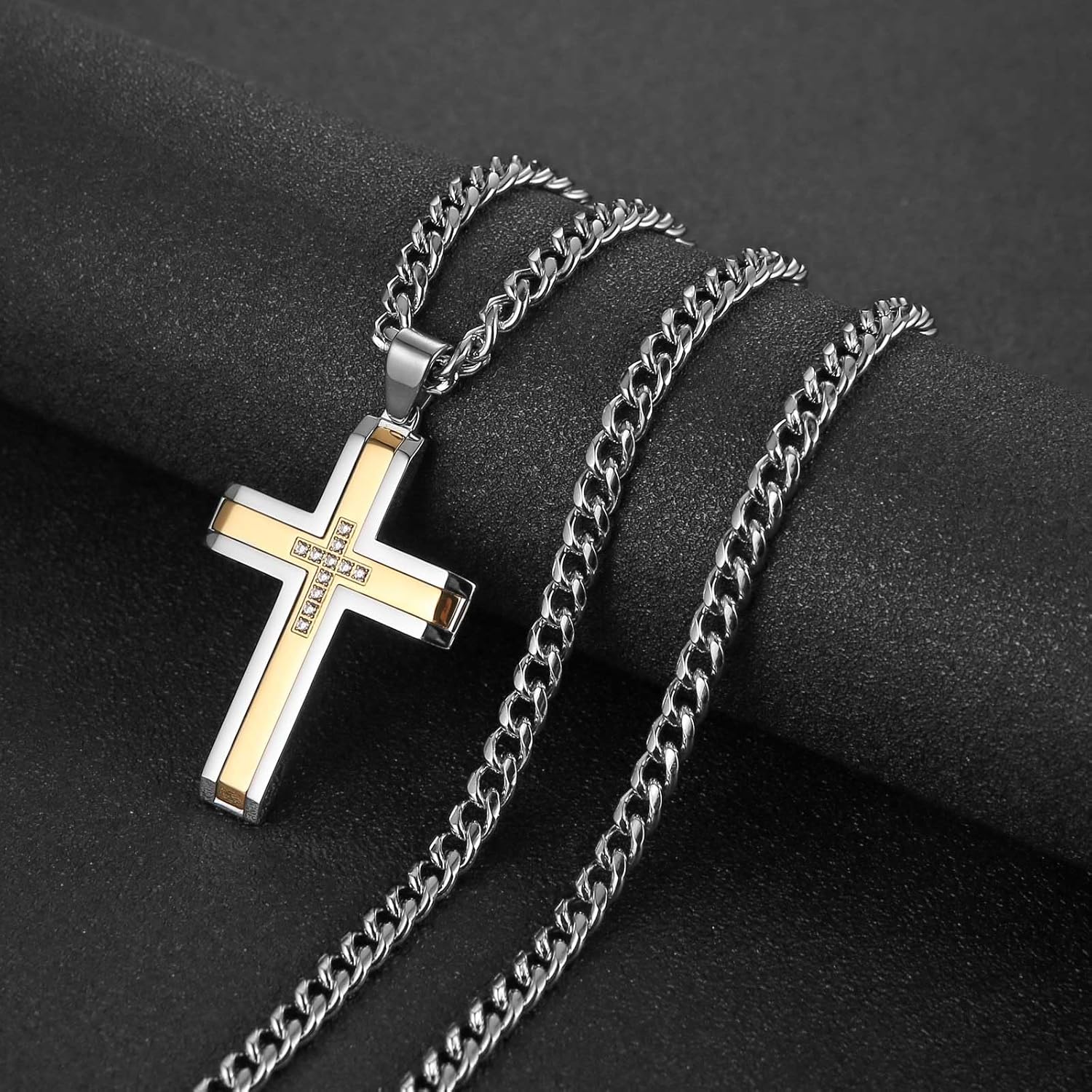 HZMAN Cross Necklace for Men Stainless Steel High Polished Minimalist Cross Necklace Pendant Christian Jewelry Gift with 24Inch Cuban Chain - Image 3