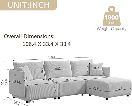 Miniatura 8 de Sofá modular modular combinado de bricolaje, sofá cama esquinero convertible con otomanas móviles, sofá de pana minimalista y sofá cama con puertos