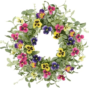 WreathDream Spring Summer Wreaths for Front Door Pansy Wreath with Colorful Pansy for Front Door Indoor Outdoor Farmhouse Home Porch Wall Window Festival Wedding Decoration