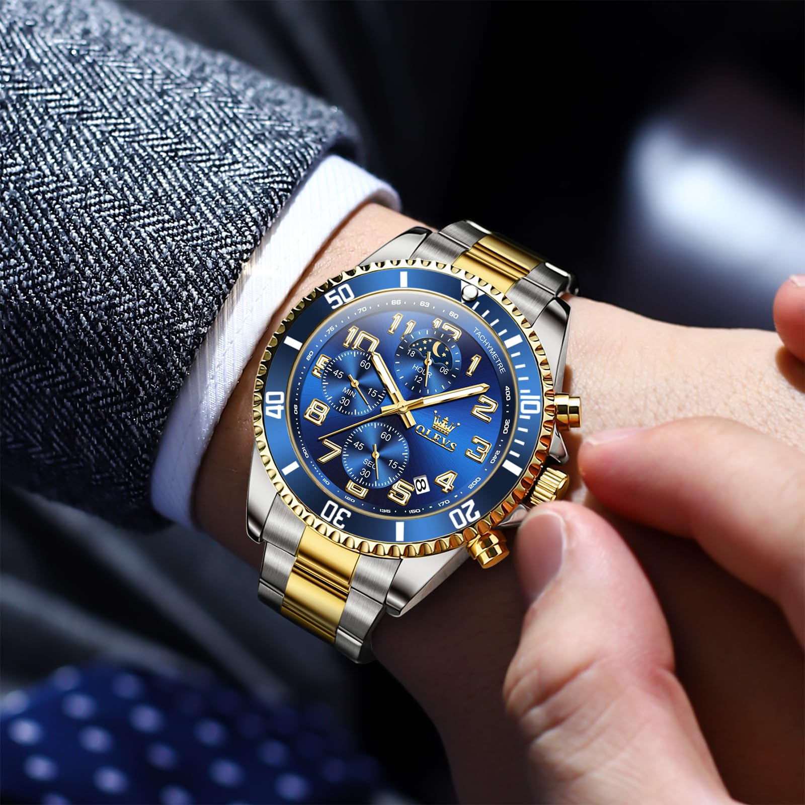 OLEVS Groß Uhr Herren Wasserdicht Leuchtend Edelstahl Mondphase Armbanduhr Herren Analog Chronograph Herrenuhren Arabische Ziffern mit Datum