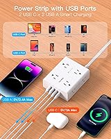 Vista 3 de Cable protector de sobretensiones de 10 pies, cable de extensión de enchufe plano ultrafino, 8 tomacorrientes, 4 puertos USB (2 USB C), extensor