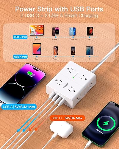 Miniatura 3 de Cable protector de sobretensiones de 10 pies, cable de extensión de enchufe plano ultrafino, 8 tomacorrientes, 4 puertos USB (2 USB C), extensor de