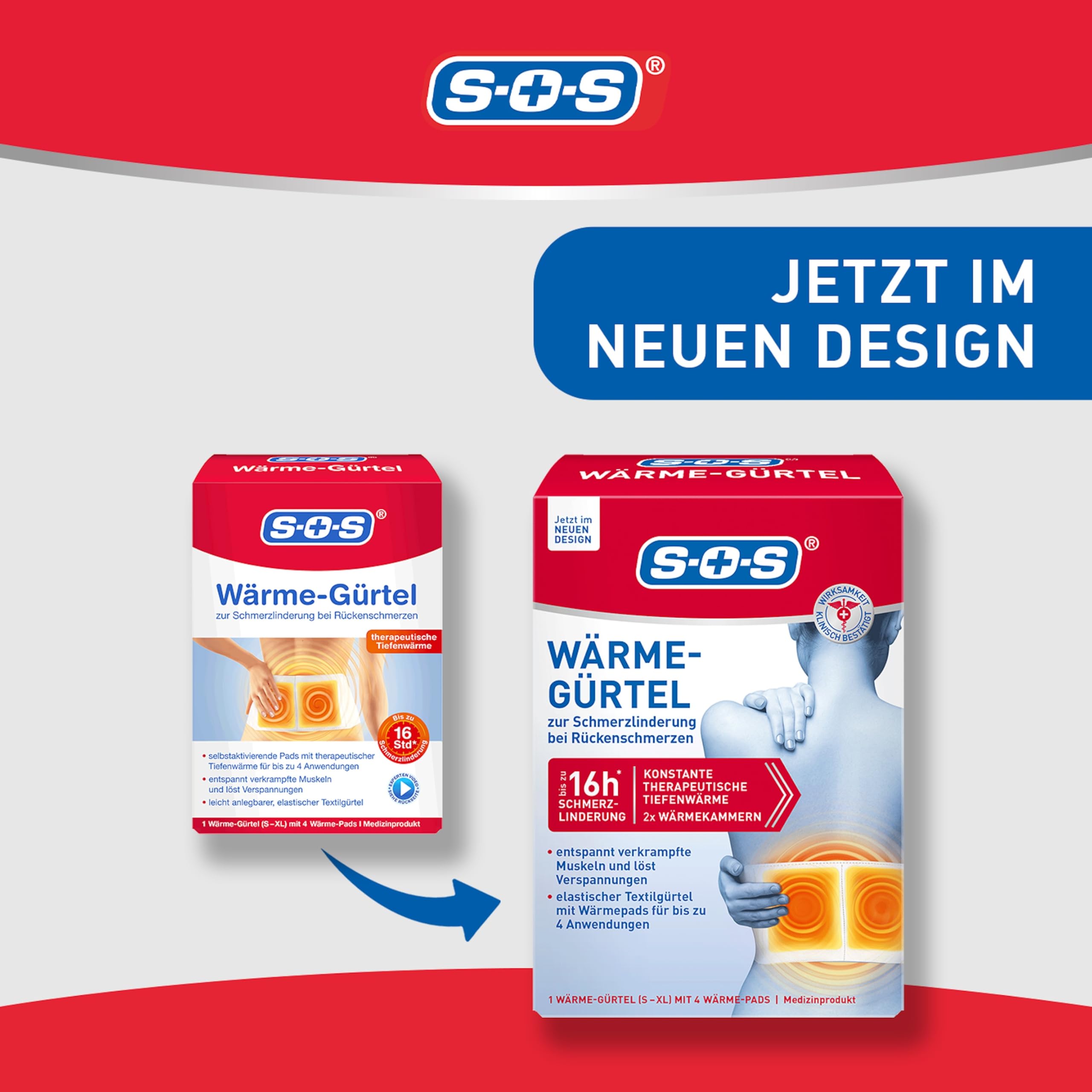 SOS Wärme-Gürtel, zur Schmerzlinderung bei Rückenschmerzen, Gürtel mit Wärmepads bei verkrampften Muskeln und Verspannungen (6 x Wärmegurt, je 4 Wärme Pads)