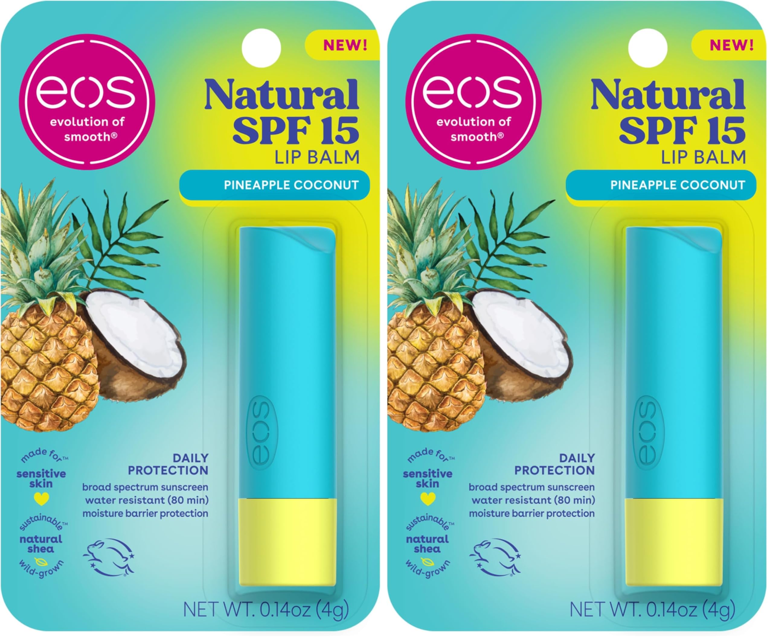 eos Natural SPF 15 Lip Balm- Pineapple Coconut, Daily Protection, Water Resistant, SPF Lip Balm, Sun Care, Sunblock for Lips, 0.14 oz (Pack of 2)