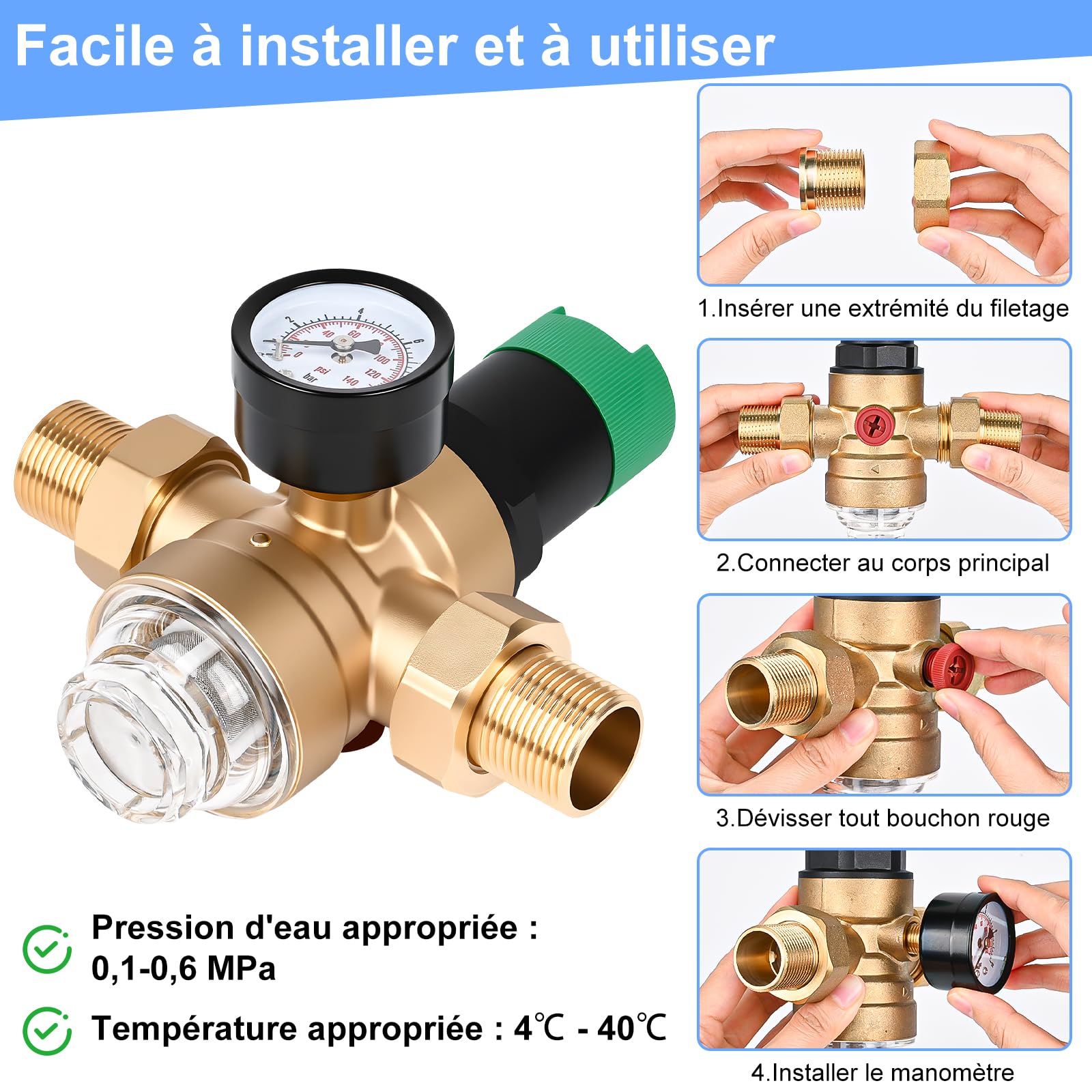 Diealles Shine Réducteur de pression d'eau 3/4", régulateur de pression d'eau avec manomètre et filtre à tamis, valve réducteur de pression régulateur de pression en laiton pour maisons, bâtiments