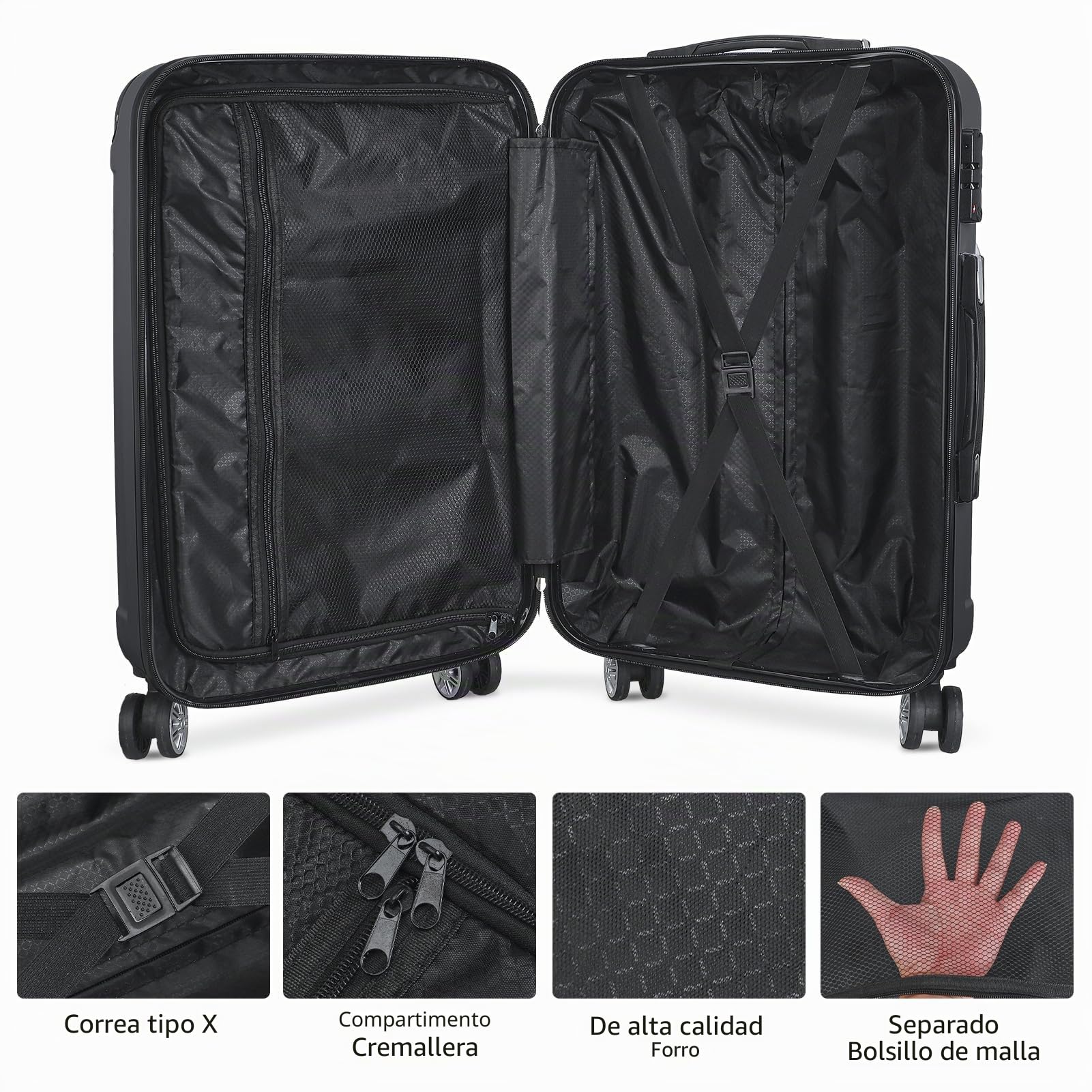 Juego de 3 maletas con 4 ruedas y cerradura de combinación, carcasa rígida de ABS, maleta con ruedas, maletín de viaje, mango telescópico S-M-L, Negro , Asesinatos