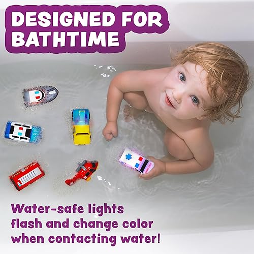 Miniatura 9 de Tub Works Emergency Cars - Juguetes de baño iluminados, paquete de 6  Juguetes iluminados activados por agua parpadean y cambian de color  Juguetes
