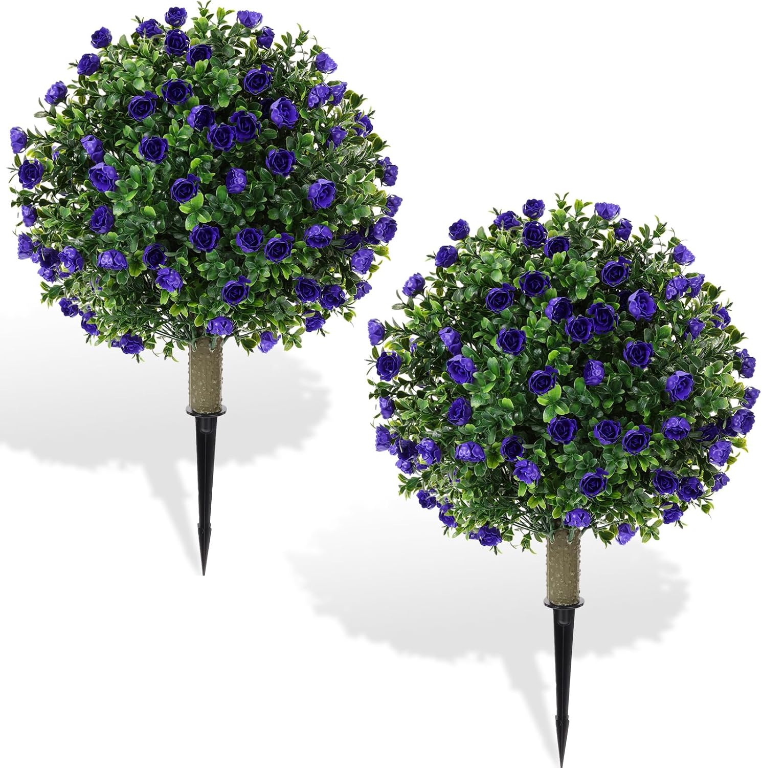 Yunlly 2 Set Artificial Rose Boxwood Topiary Ball Trees with Ground Spike, UV Resistant Artificial Shrubs Fake Evergreen Faux Plant Brush for Outdoor Indoor Front Porch Garden (Blue Purple,18x10inch)