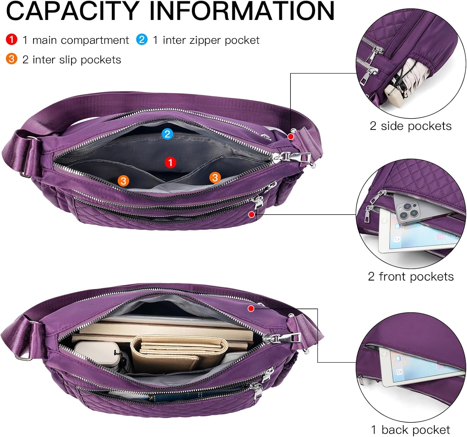 RNIEGA Crossbody Bag for Women Roomy Nylon Shoulder Bag Lightweight Zipper Daily Bag with Pockets for Travel with 3 Styles