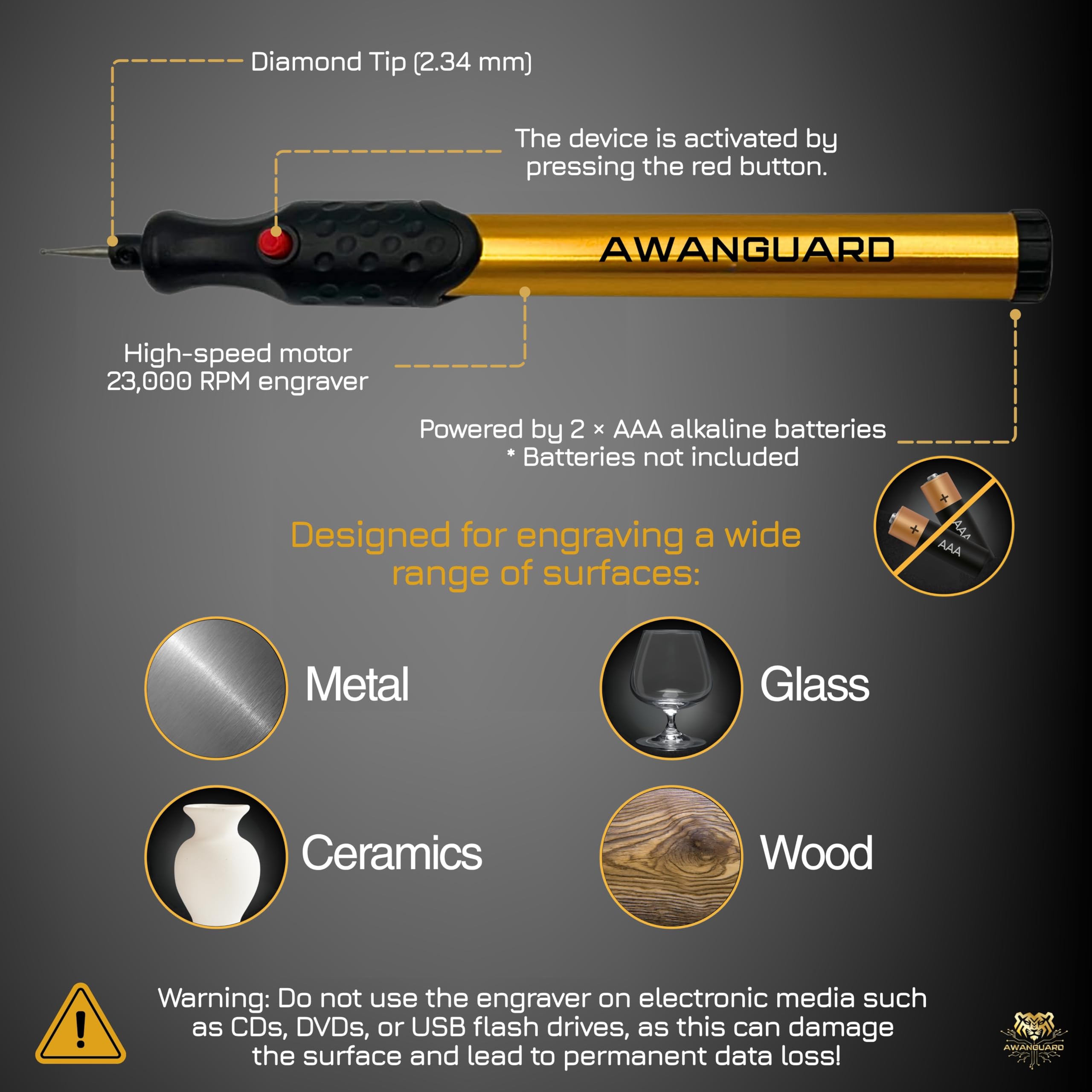 Diamond Tip Engraving Pen.Gravierstift mit Diamantspitze für Metall, Keramik, Glas gravieren - 2 x AAA Batteriebetrieben - Gravierstift Elektrisch für DIY Schmuck und Schloss Gravur Gerät