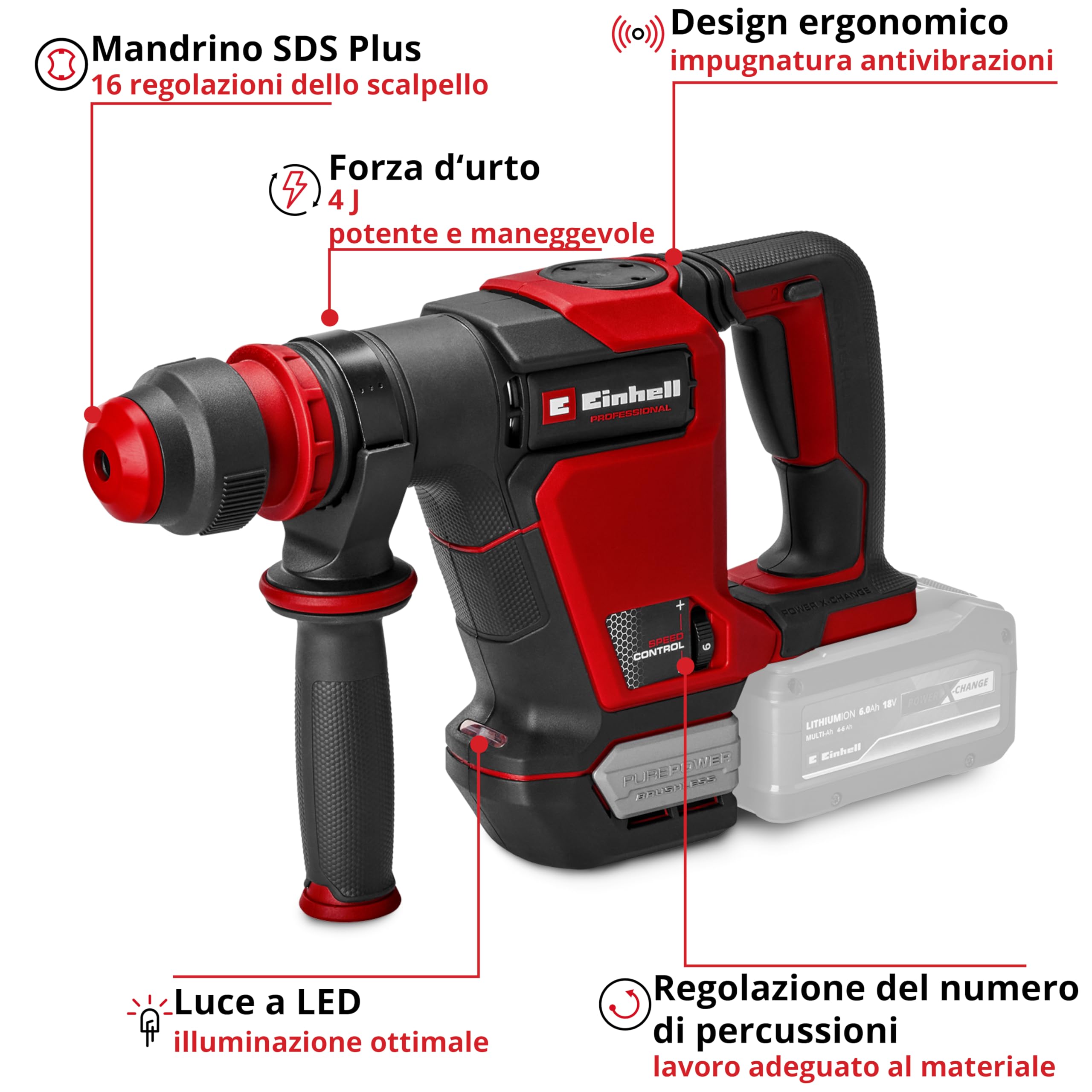 Einhell Professional Martello demolitore TP-DH 18/4 Li BL-Solo Power X-Change (18 V, brushless, 4,0 J, SDS-plus, blocco in funzione, incl. scalpello a punta e piatto + valigetta, batteria esclusa)