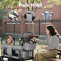 Vista 5 de Cochecito Wagon para 2 niños, carrito plegable para niños con arneses, mango doble ajustable de empuje, toldo extraíble, bandeja para aperitivos