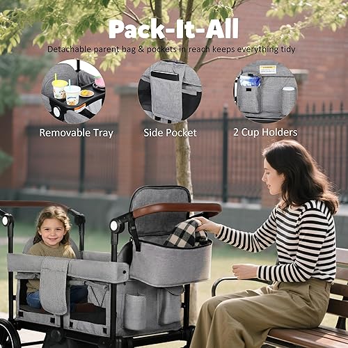 Miniatura 5 de Cochecito Wagon para 2 niños, carrito plegable para niños con arneses, mango doble ajustable de empuje, toldo extraíble, bandeja para aperitivos,