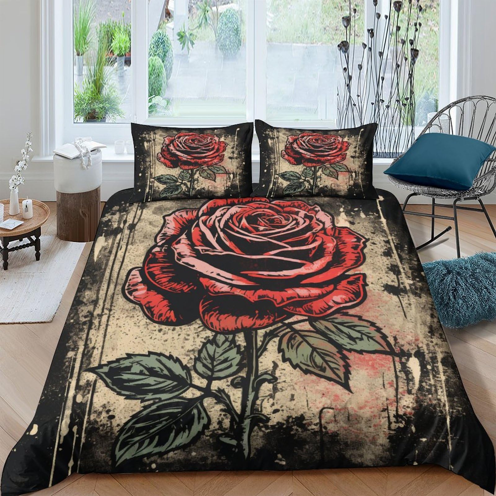 Housse de couette rose rouge 3D King parure de lit 3 pièces en microfibre avec taies