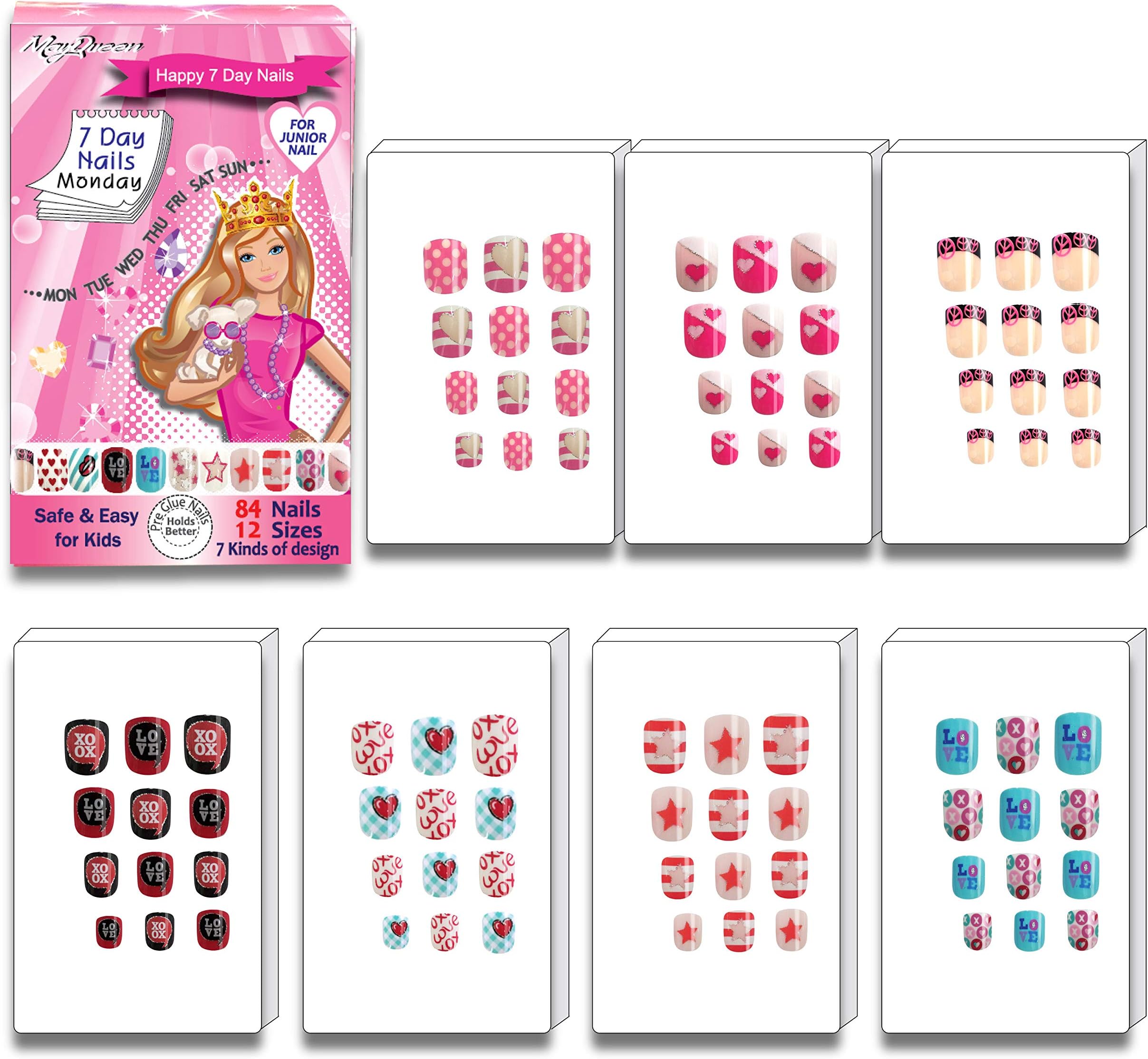 MayQueen 7PACK 84Tips Artificial Junior False Fake Art Nails, Pre-Glued Sticker Nails for Kids (7 Day Nails)