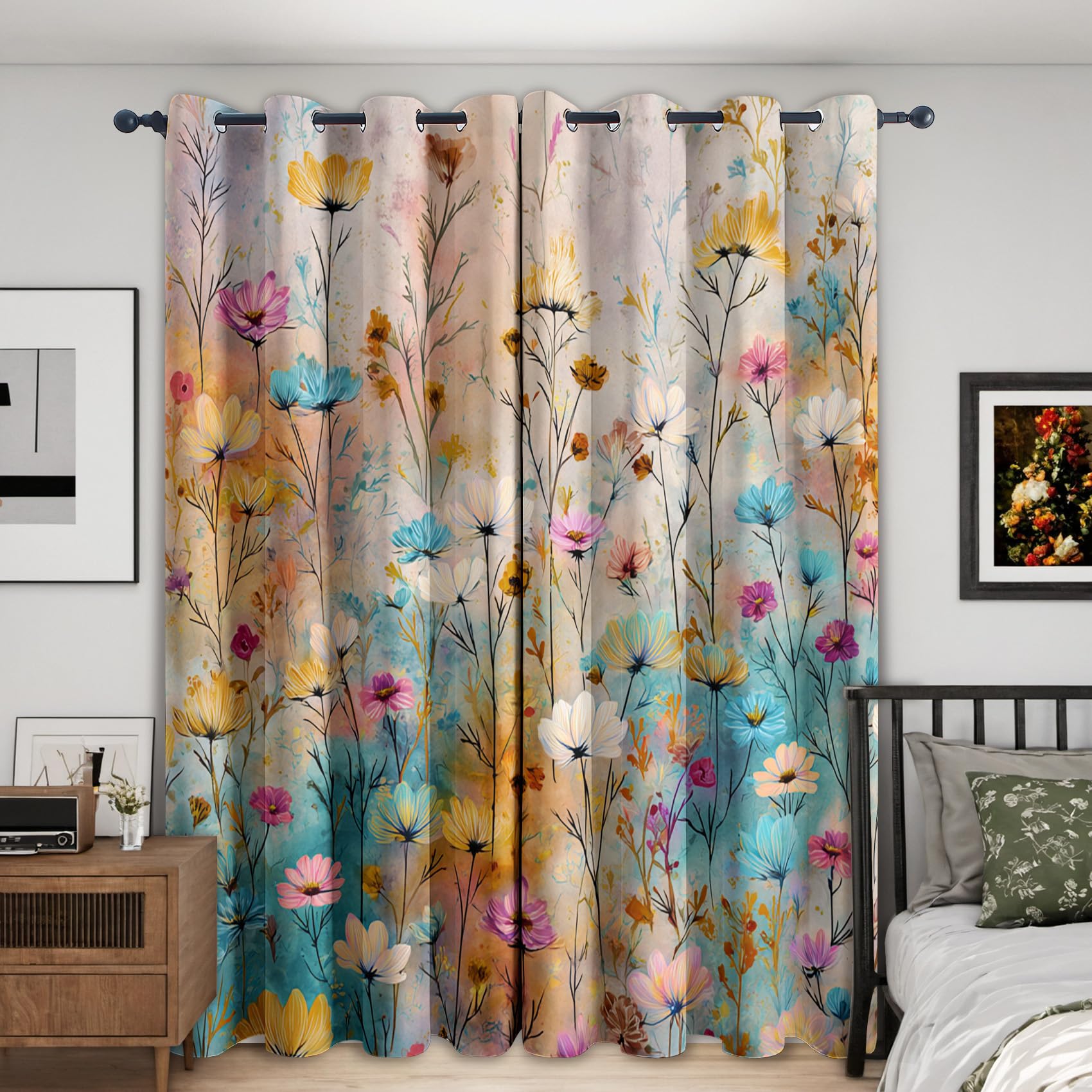 Rideau Fleuri Occultant Motif Abstrait Fleurs Rideaux Chambre Salon Cuisine Fenêtre 110 x 215 cm, Oeillets Rail Rideaux Occultants Thermique