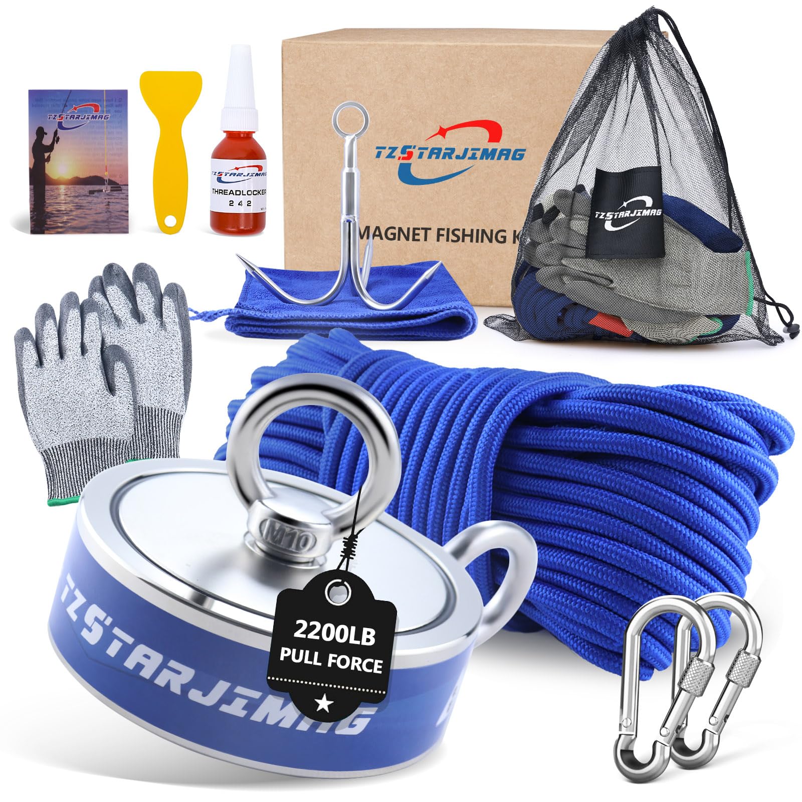 2200 LB TZSTARJIMAG Double Side Magnet Fishing Kit,Fishing Magnets Heavy Duty with 66 Ft Rope, 3.85 Inch Large Magnetic Fishing Kit with Accessories