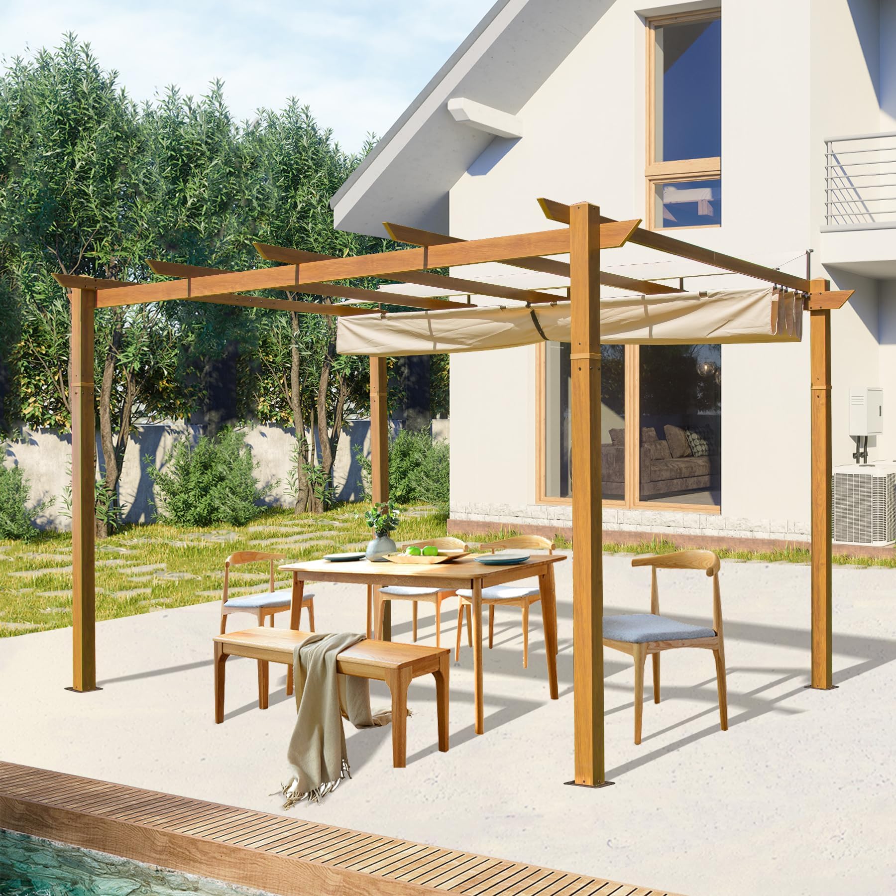9'x13' Aluminum Wood looking Retractable Pergola