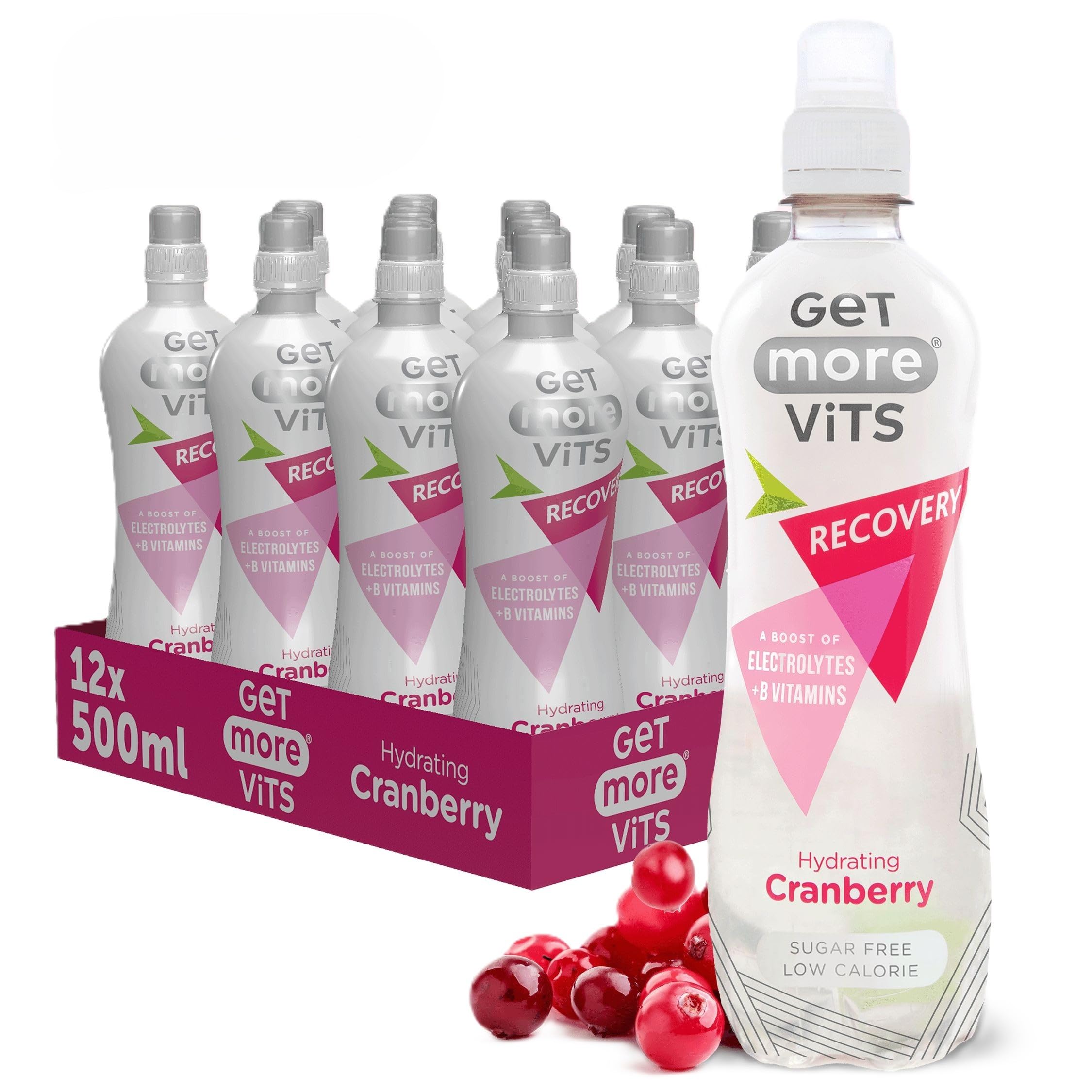 Get More Vits - Sports Recovery & Hydrating Cranberry Flavoured Spring Water (12 x 500ml), Electrolytes, B Vitamins, Sugar-Free, Low-Calorie, Boosts Energy, Natural Flavours, Vegetarian, Vegan
