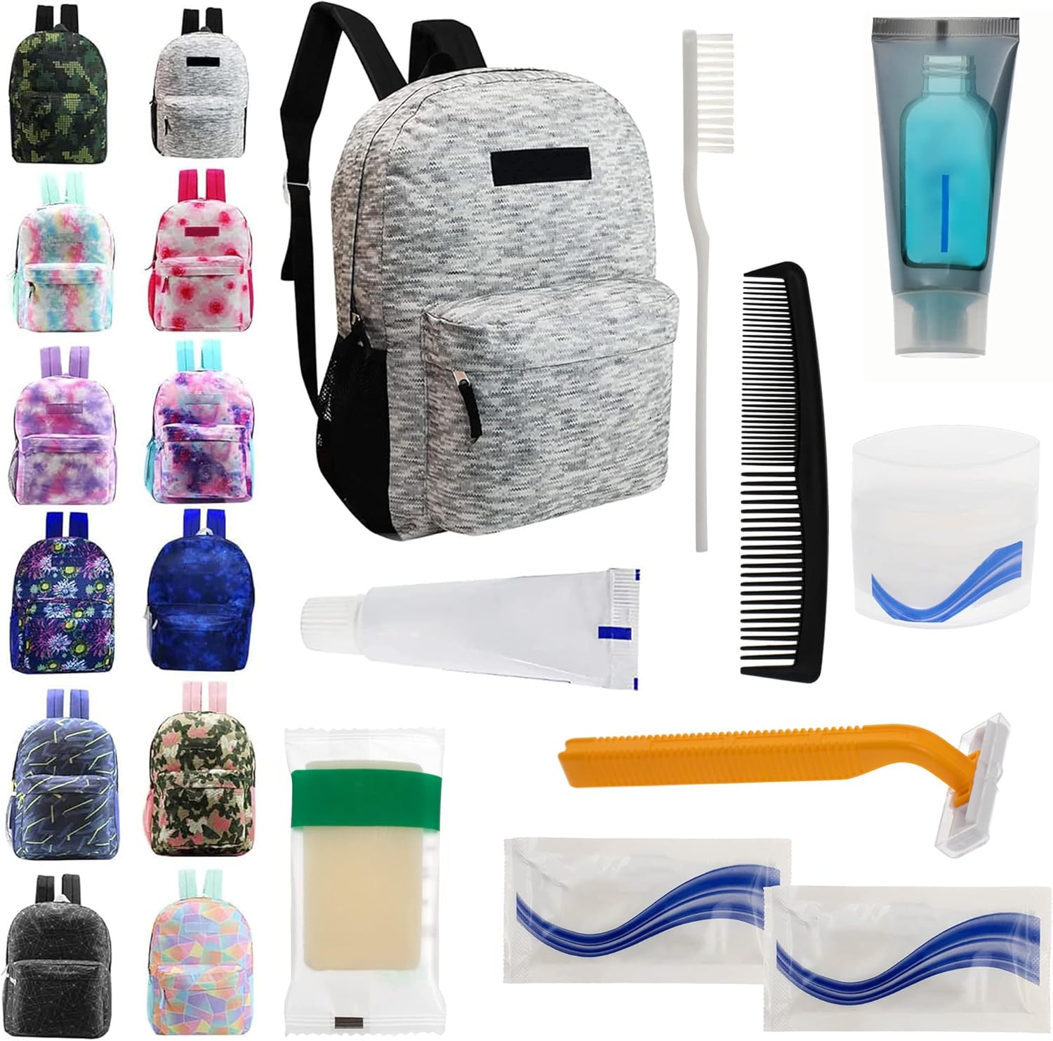 17" Classic Wholesale Backpack in Assorted Prints - Bulk Case of 12 for Donation, Emergencies, Homeless, Charity