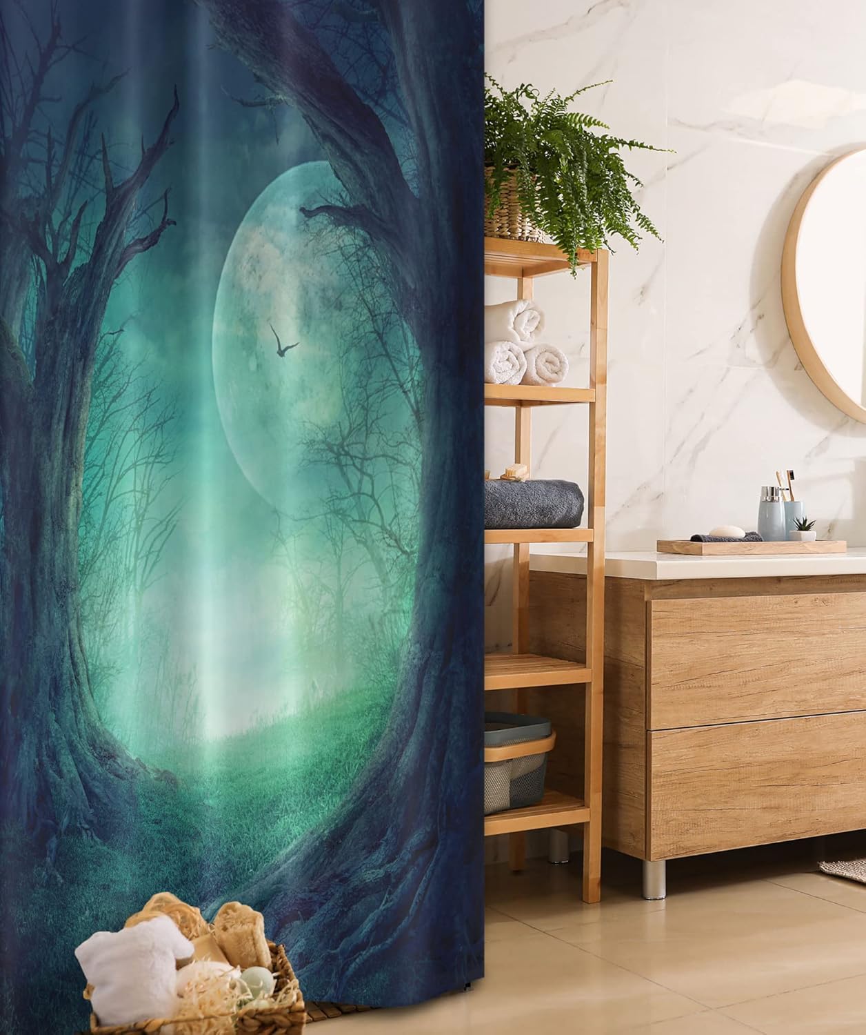 Ambesonne Gothic Stall Shower Curtain, Misty Horror Image of Autumn Valley with Woods Spooky Tree and Full Moon Scenery, Fabric Bathroom Decor Set with Hooks, 36" W x 72" L, Navy Green