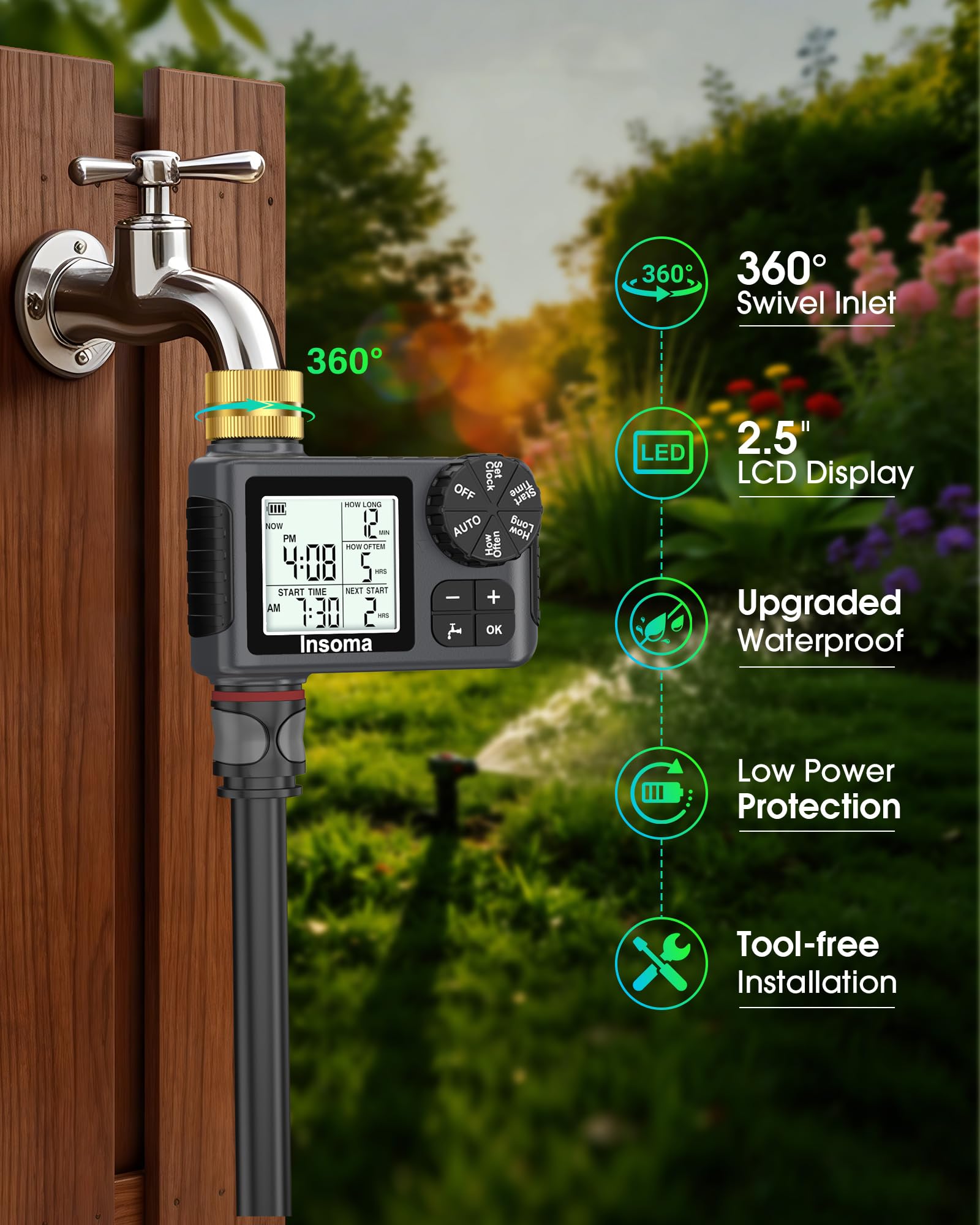 Timer irrigatore con ingresso e uscita in ottone, timer per acqua per tubo da giardino con modalità auto/manuale/ritardo pioggia, facile installazione timer per prato, giardino, irrigazione vacanze, 1