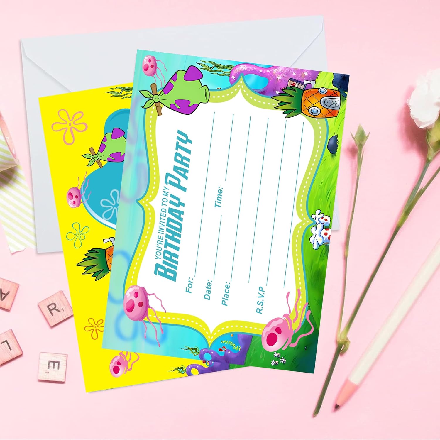 Hバースデーパーティー用品、封筒付き招待状カード16点、パーティーシーンDIY用のテーマパーティーデコレーション。