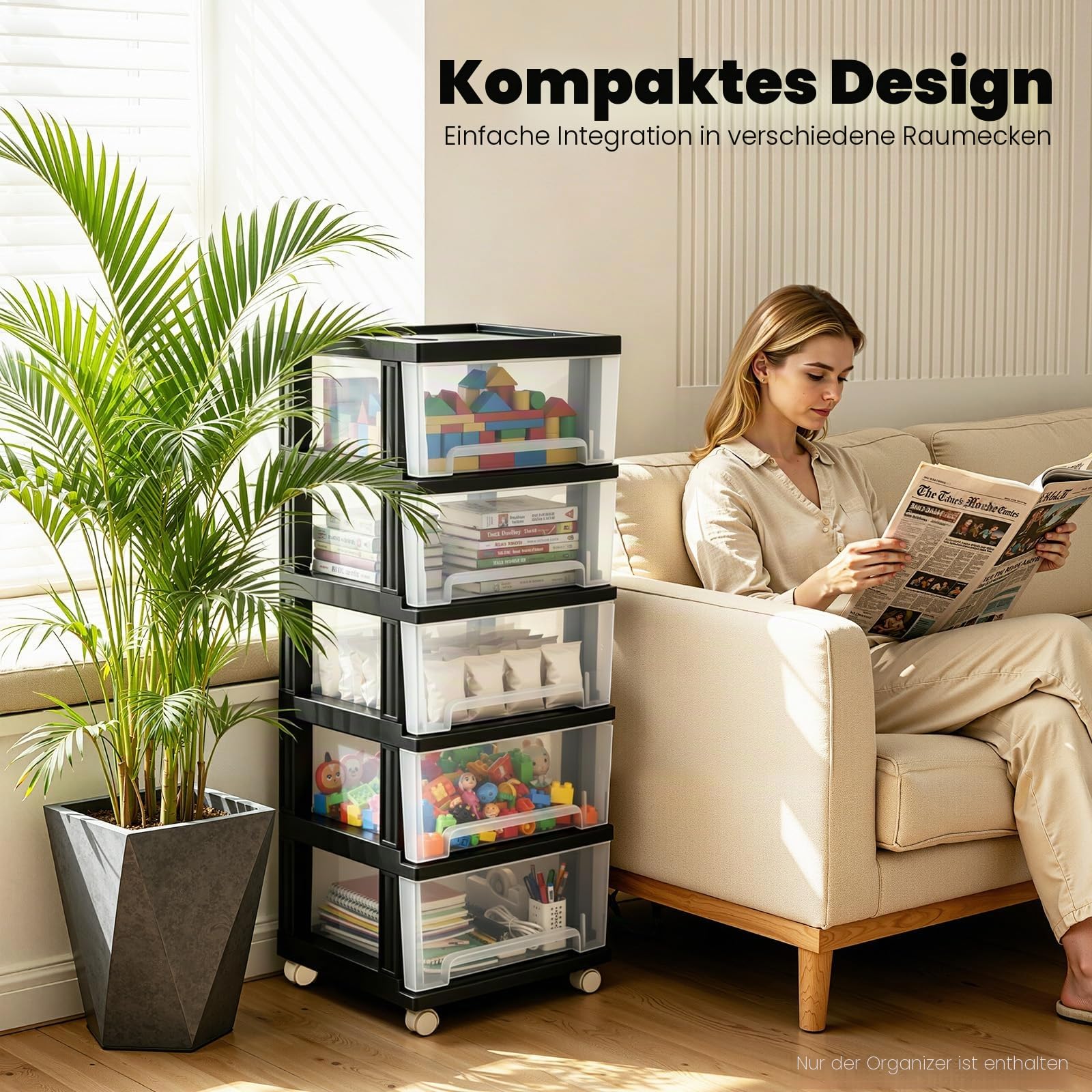 Kunststoff Schublade Transparent Schubladenschrank mit 5 Schubladen und Rollen Rollwagen Rollcontainer Bürocontainer Rollbar Kommode Organizer