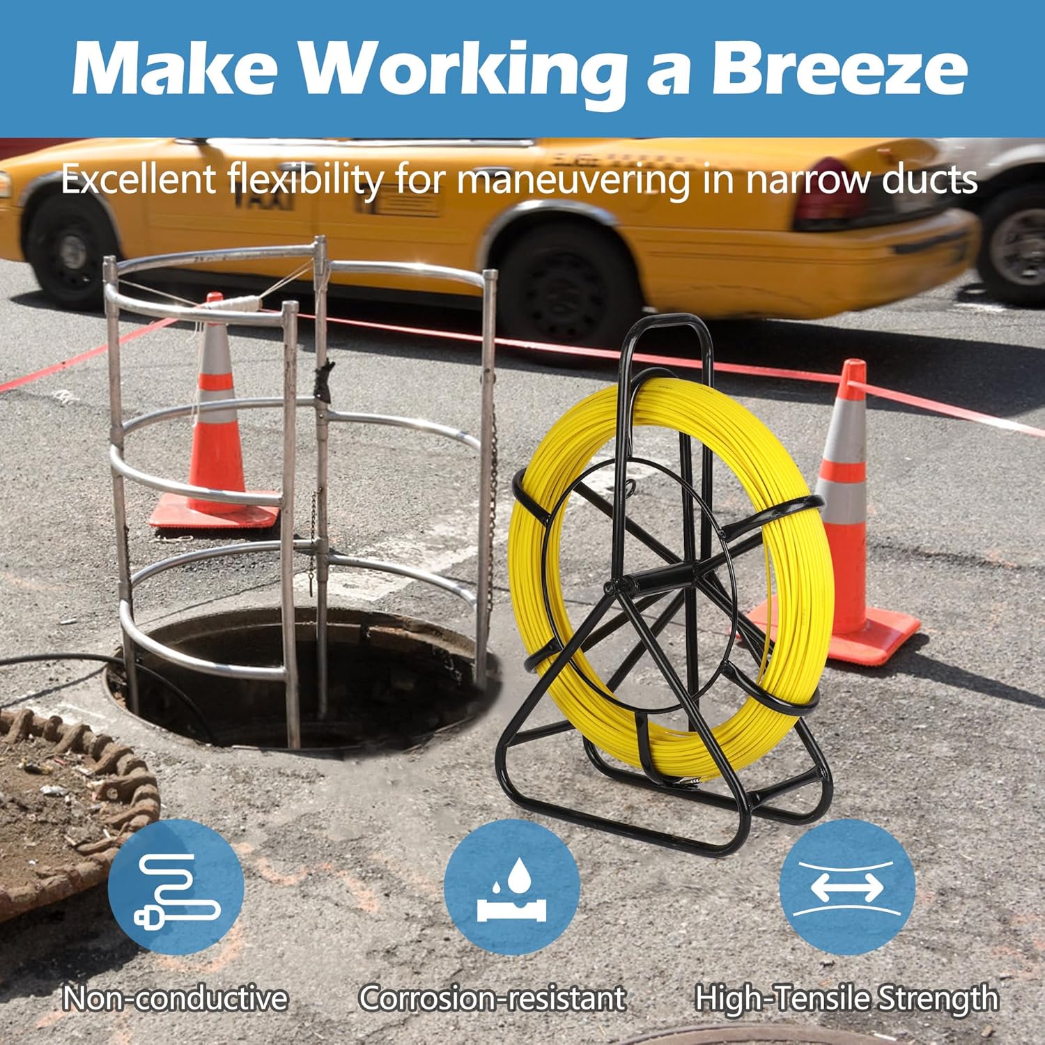 Fish Tape Fiberglass, 1/4 Inch (6mm) 328ft Duct Rodder Fish Tape Pulling Tool, Cable Running Rod with Steel Reel Stand for Installation of Power, Cable, Public Utilities