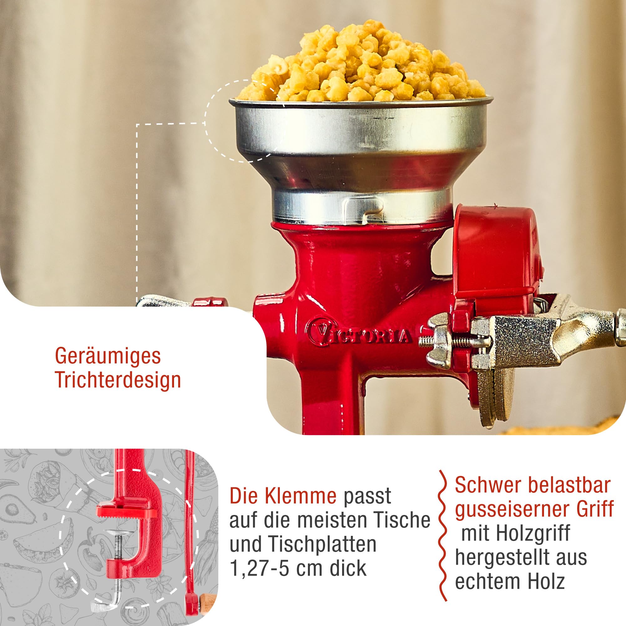 Victoria Getreidemühle Manuelle Gusseiserne Handmühle zum Mahlen von Kaffee, Mais, Hafer, Saatgut, Dicke Einstellbar, Kornmühle mit Niedrigem Trichter und Tischklemme, Grain Grinder Rot