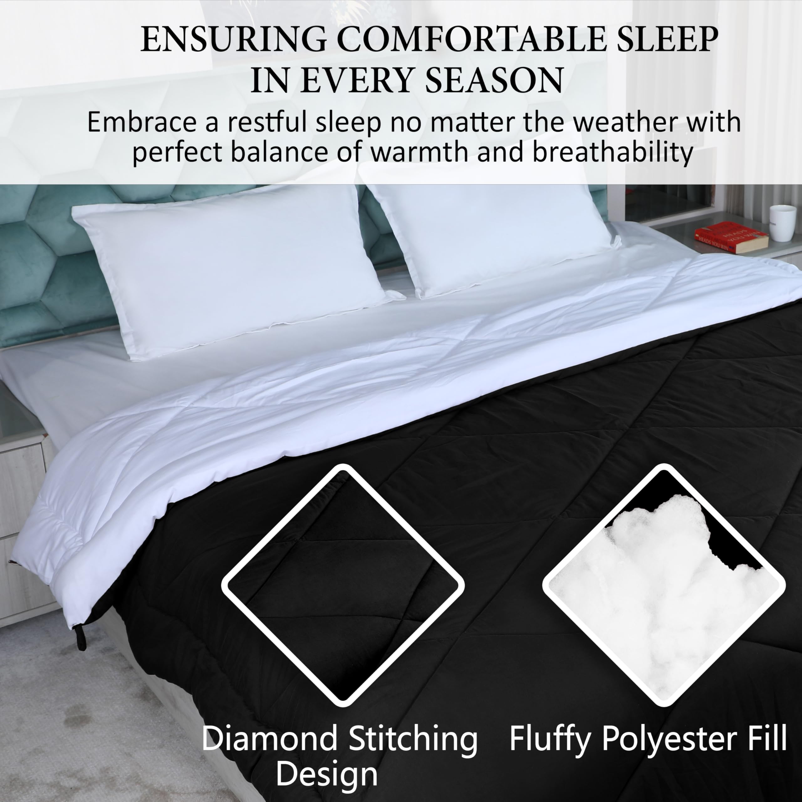 DAKSH Comforter Single Bed, All Season Comfort Microfibre 220 GSM Reversible Blanket, Ultra Soft & Fluffy Luxury Hotel Duvets, Comfort Lightweight Quilts, Rajai (Black & White, 60x90 Inch) 1