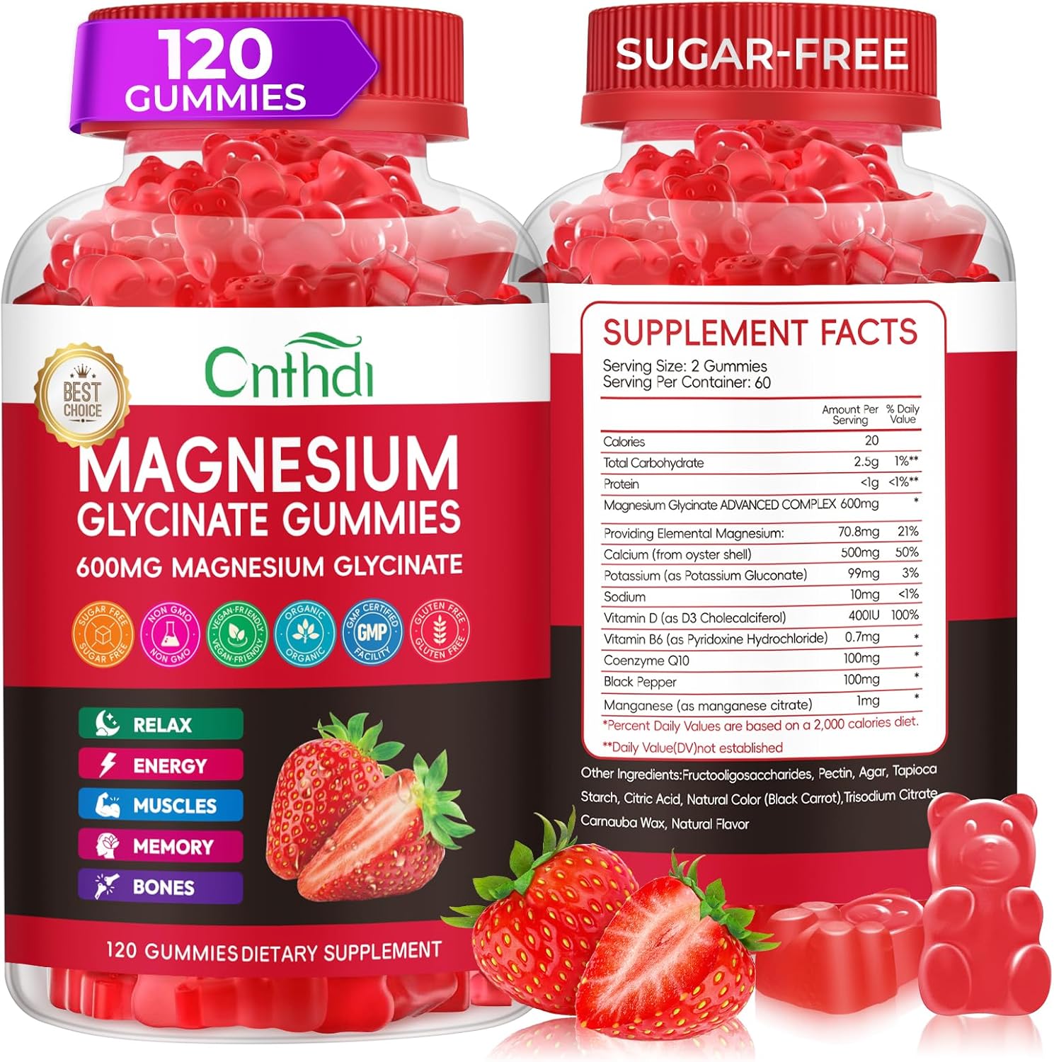 CNFHDI Magnesium Glycinate Gummies Sugar Free for Kids & Women, High Absorption Magnesium and Potassium, Calcium, B6, D3, Chews Gummies, Relaxation, Stress Relief, Night Rest