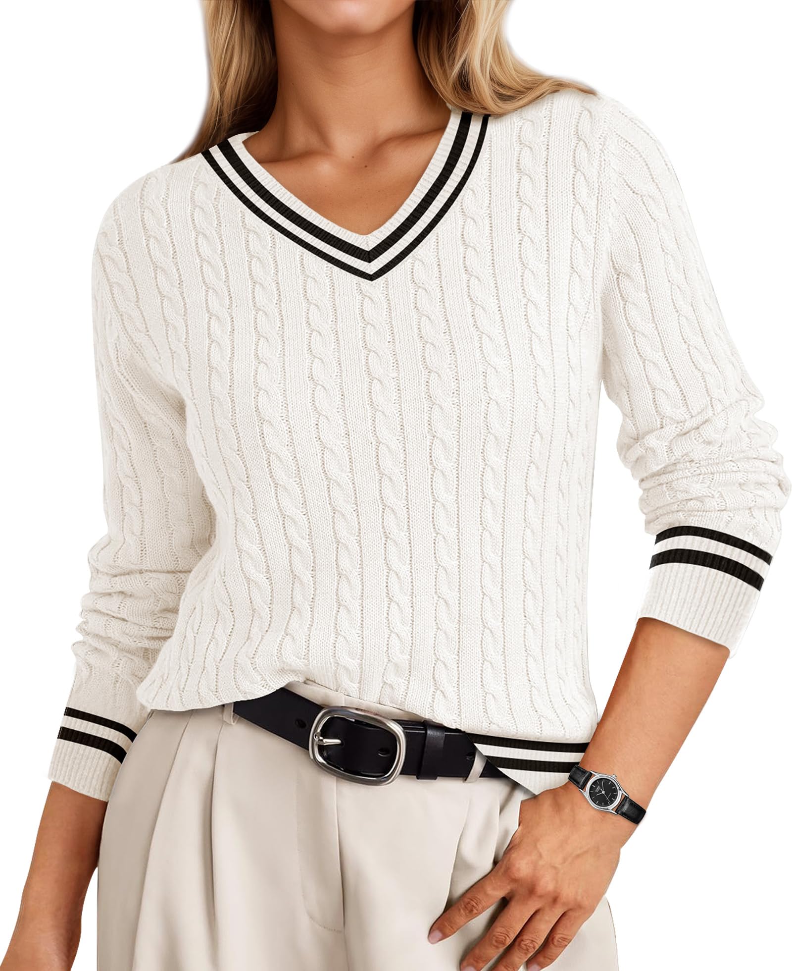 Cable Knit Sweater Women V Neck Tops for Women Long Sleeve Pullover Clothes Casual Trendy Outfits