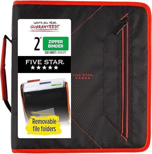 Five Star - Carpeta con cremallera, 3 argollas de 2 pulgadas y carpetas de archivos extraíbles, duradera, rojonegro (29036CE8)