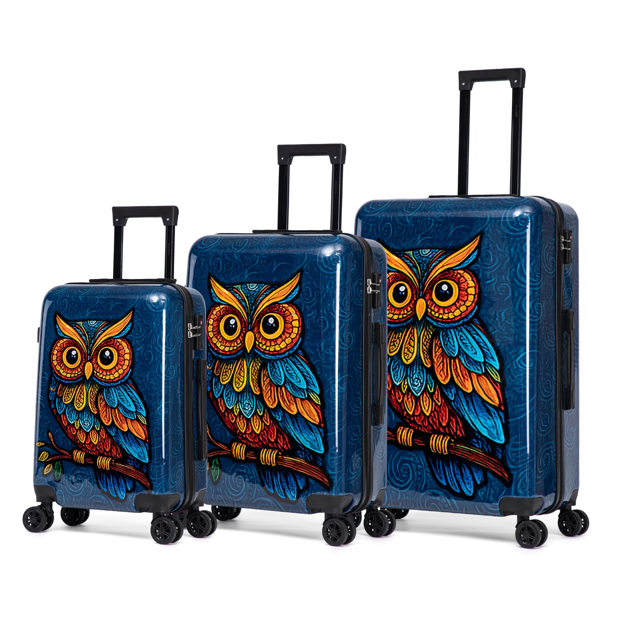 InUSA Owl Print 3 Piece Hardside Spinner Luggage Set 20/24/28in. TSA Lock