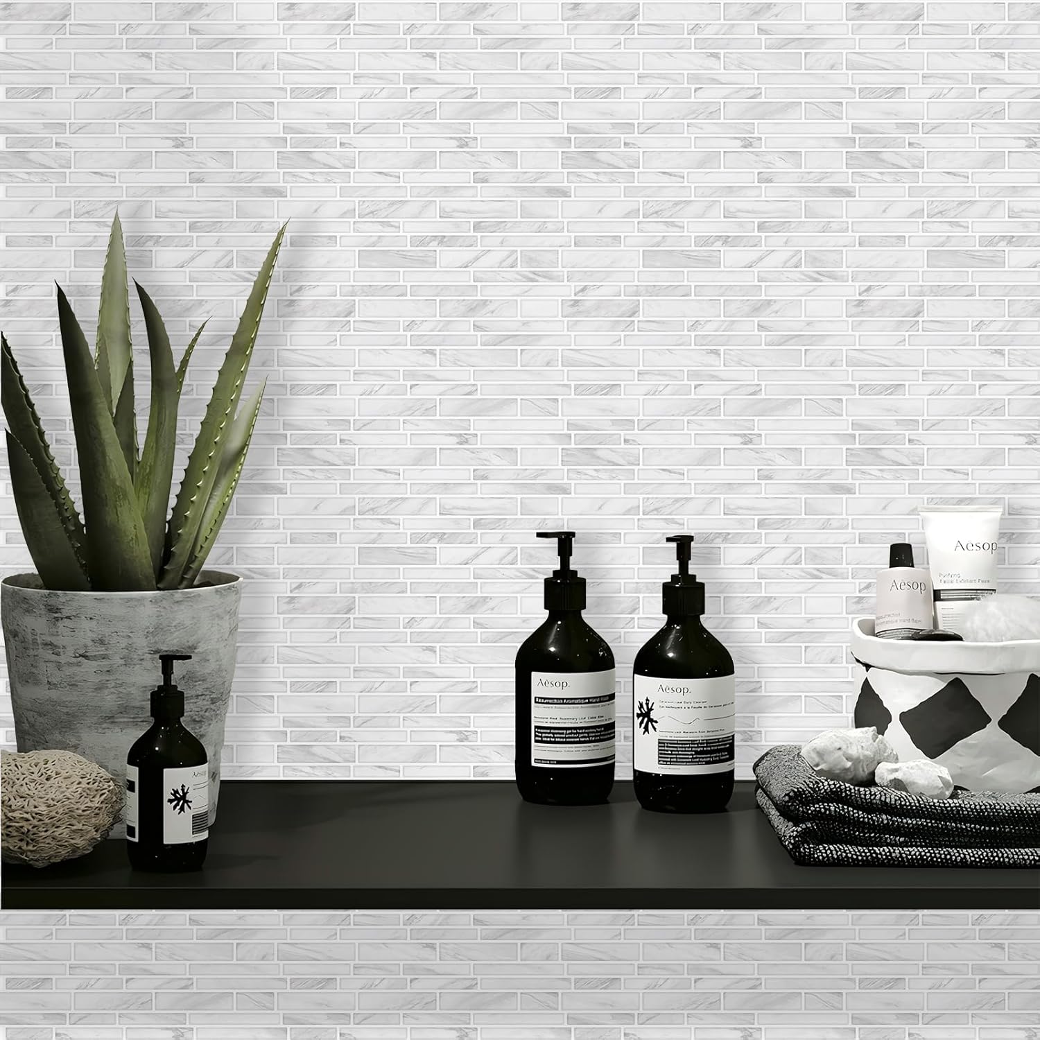 Tilingview 10PCS Peel and Stick Tile for Kitchen Backsplash, Strips Design Self-Adhesive Vinyl Tile, Plastic Wall Sticker (White Marble)