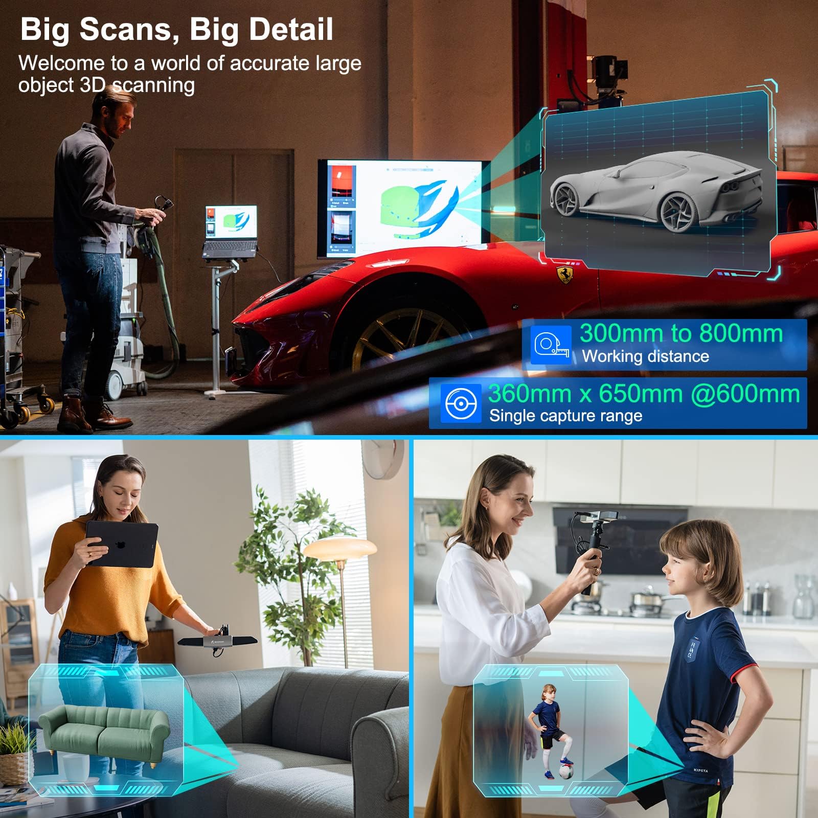 Range 3D-Scanner, 360 x 650 mm großer Einzelscan-Bereich, 0,1 mm Präzision, Handscanner für große Objekte wie Autos & Möbel, 18 fps, kompatibel mit 3D-Druck & Reverse Engineering