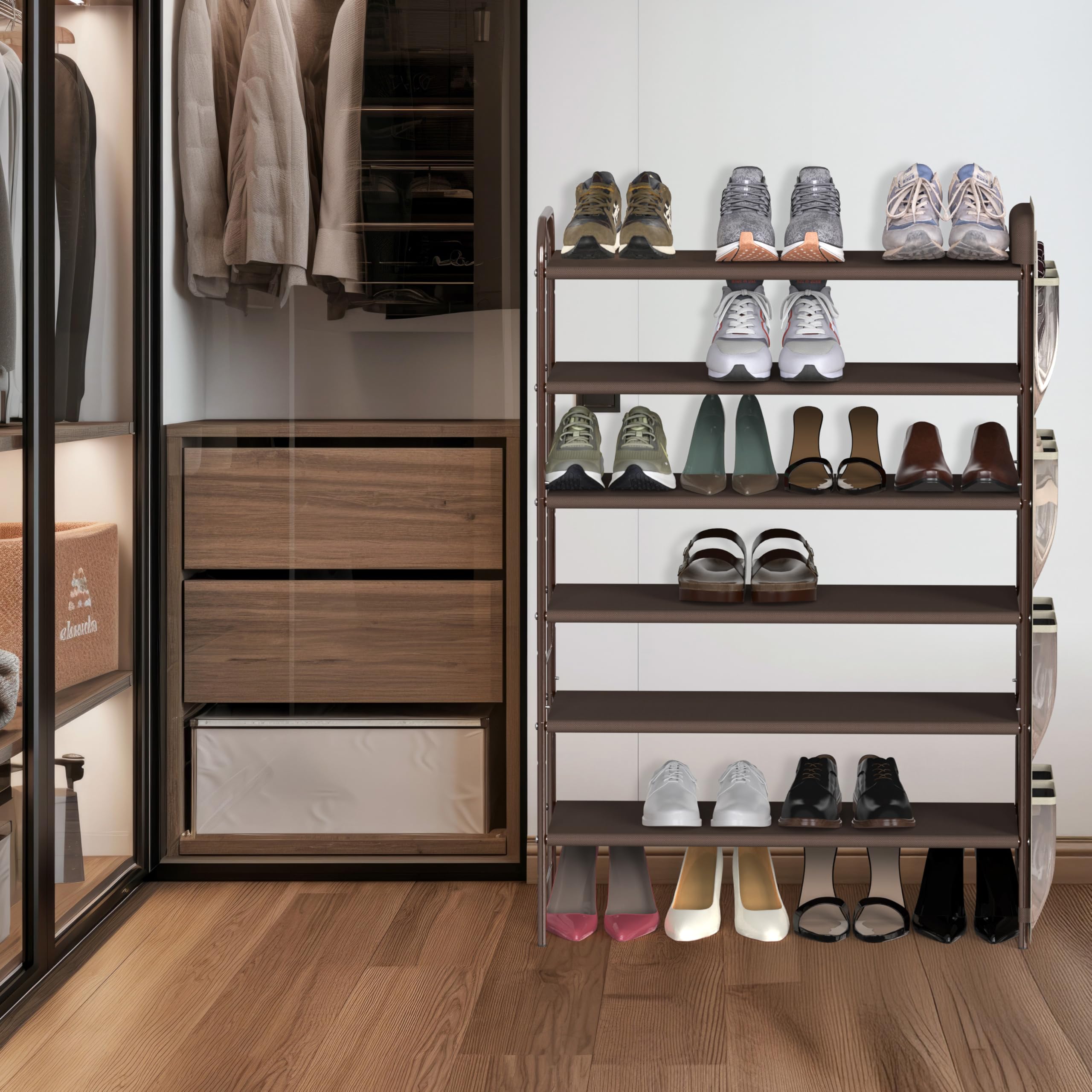 Simple Houseware 6-Tier Shoe Rack Storage Organizer w/Side Hanging Bag, Bronze