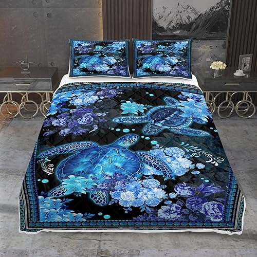 Miniatura 2 de MILANKET Juego de edredón de tortuga marina, tamaño King, juego de ropa de cama de animales marinos con flores de animales marinos azules, funda