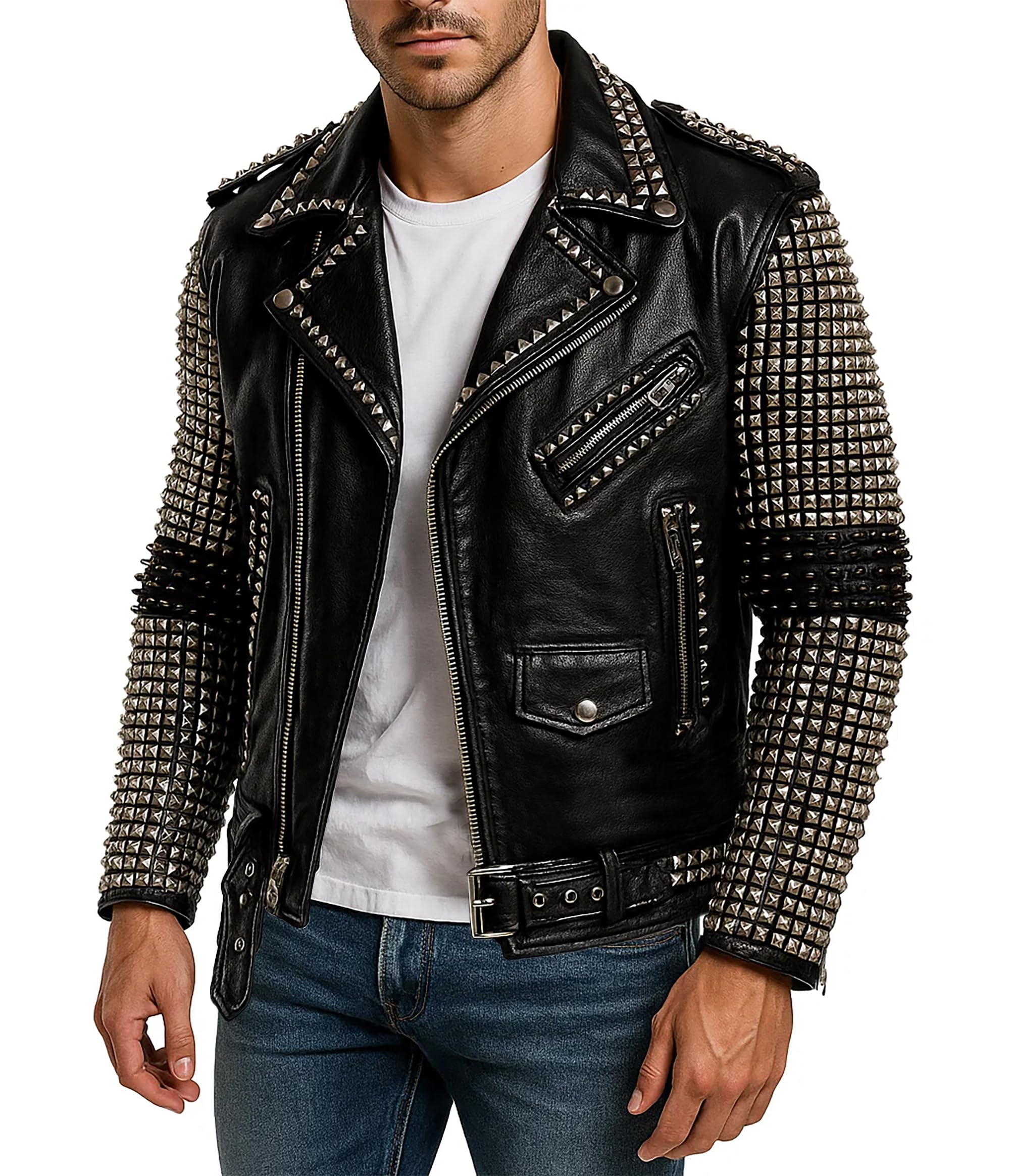 Men's Studded Cowhide Leather Biker Jacket - Punk Rock Spiked Brando Coat