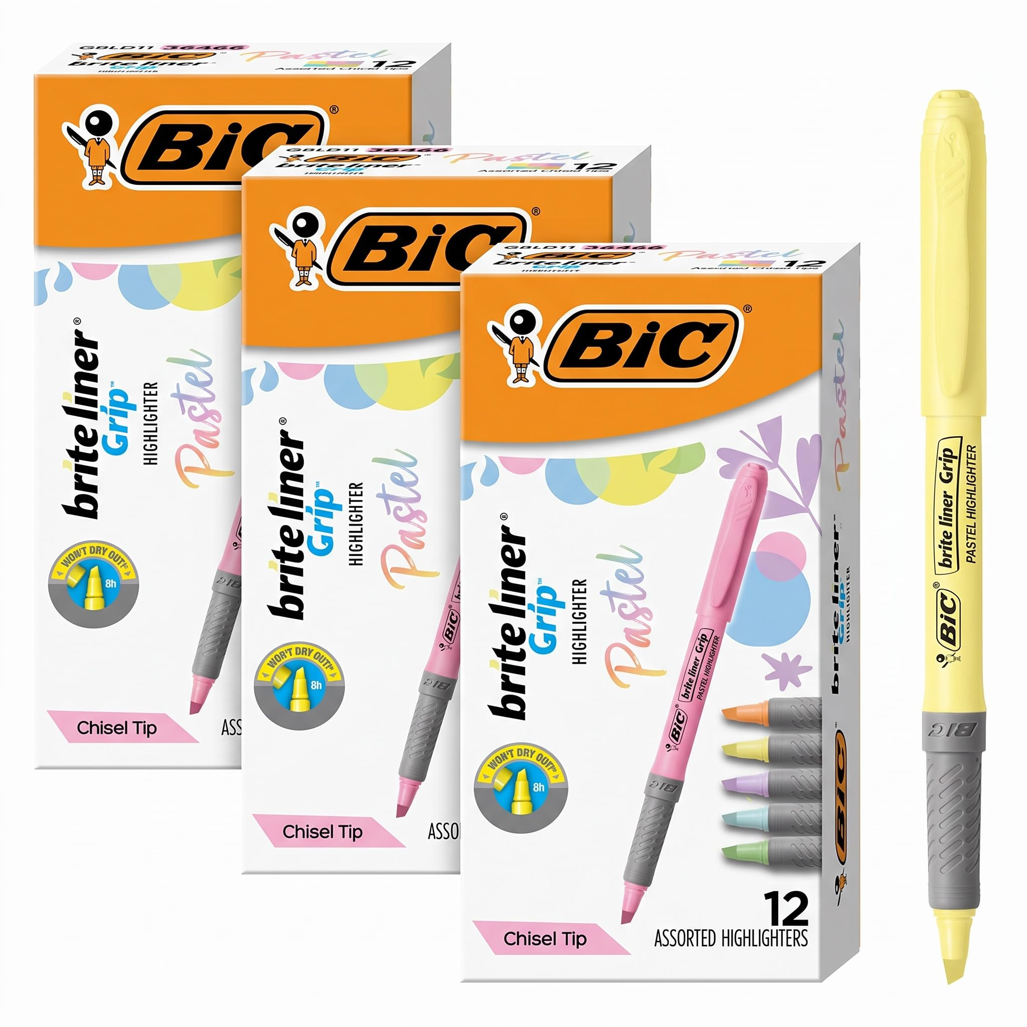 BIC Brite Liner Grip Pastel Highlighter Set, Chisel Tip, 12-Count Pack of Pastel Highlighters in Assorted Colors, Cute Highlighters for Bullet Journaling, Note Taking and More (Pack of 3)