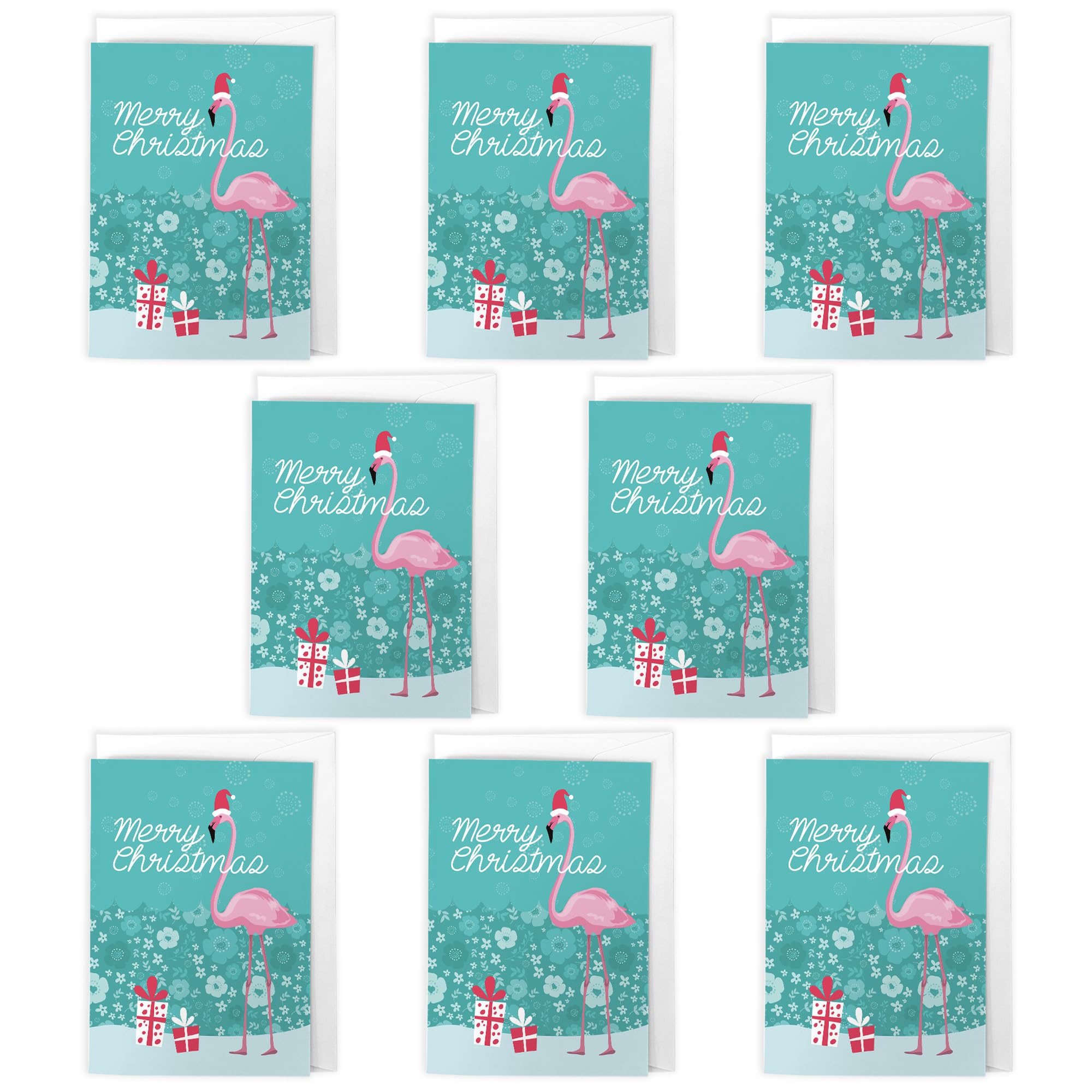 Artery8 Flamingo in Santa Hat Christmas Cards Set of 8 - A6 Size - Floral Snowflakes and Presents